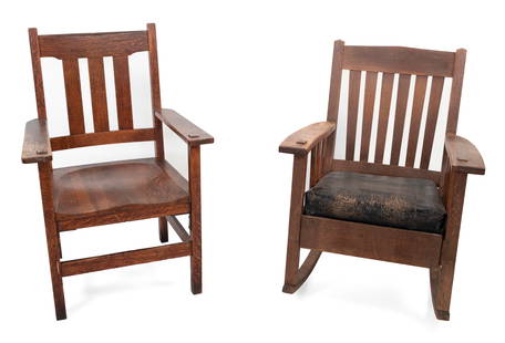 STICKLEY BROTHERS ARTS AND CRAFTS ARMCHAIR AND A SIMILAR ROCKER Early 20th Century Armchair back: STICKLEY BROTHERS ARTS AND CRAFTS ARMCHAIR AND A SIMILAR ROCKEREarly 20th CenturyArmchair with two original labels.Armchair back height 38.5". Seat height 17". Rocker back height 36". Seat height 18".