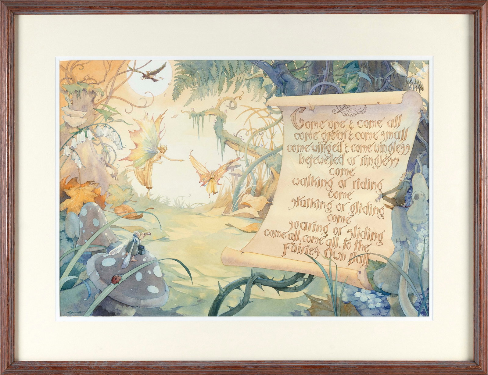 GARY A. LIPPINCOTT (Massachusetts, 1953-), "Come One & Come All, Come Great & Come Small [...]",: GARY A. LIPPINCOTT Massachusetts, 1953- "Come One & Come All, Come Great & Come Small [...]", an invitation to the "Fairies Own Ball". Signed lower left "Lippincott". Watercolor on paper, 17" x 25" si