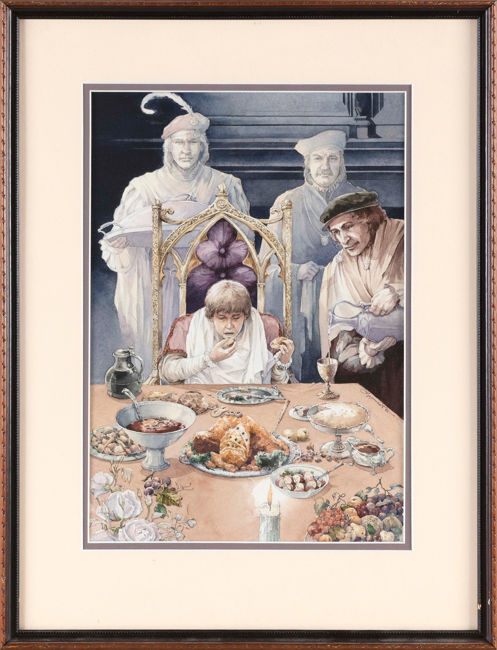GARY A. LIPPINCOTT (Massachusetts, 1953-), "At Dinner, He Ate with His Hands"., Watercolor on paper,: GARY A. LIPPINCOTT Massachusetts, 1953- "At Dinner, He Ate with His Hands". From The Prince and The Pauper by Mark Twain as retold by Marianna Mayer. Signed and dated mid-lower right "Lippincott '92".