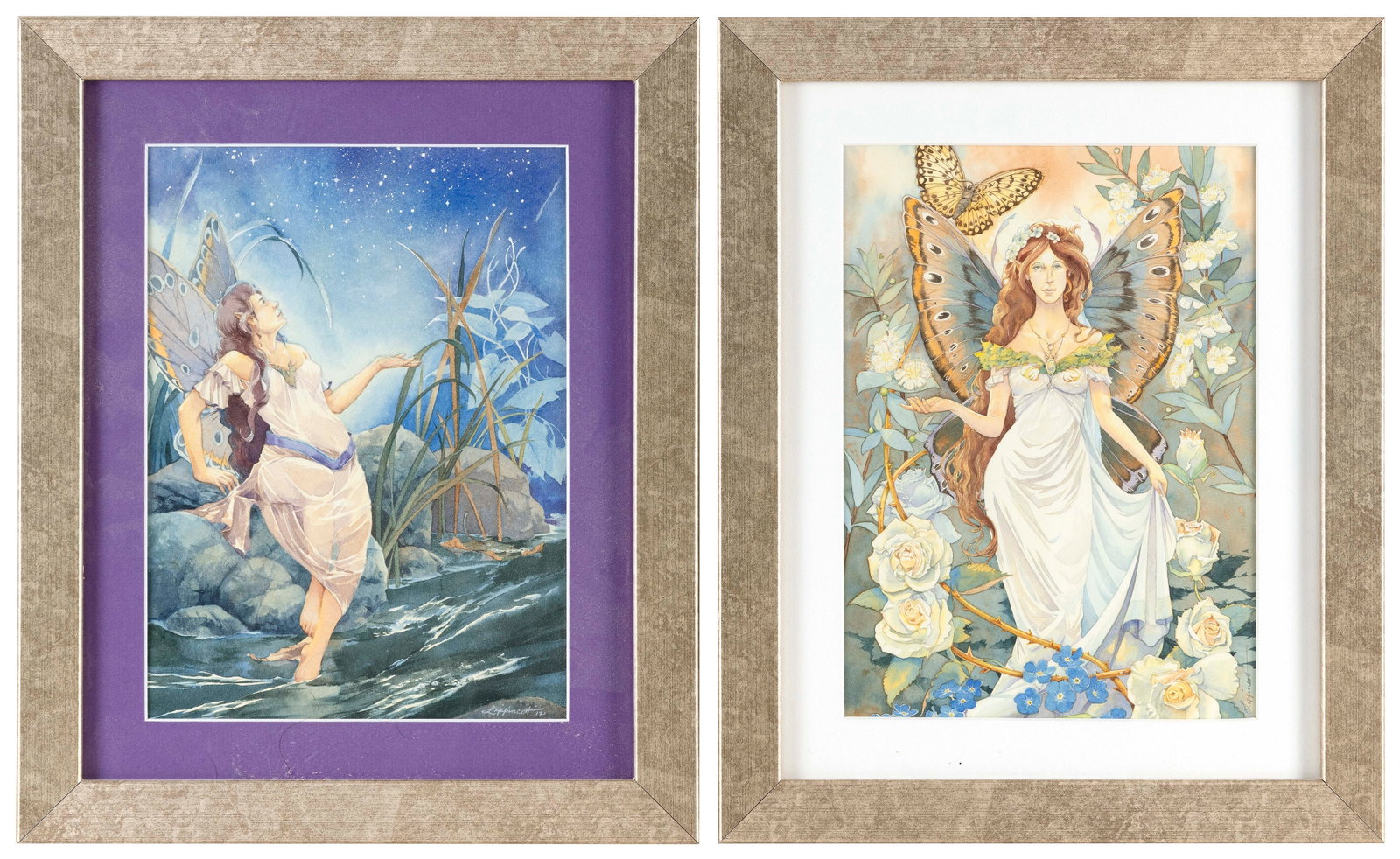GARY A. LIPPINCOTT (Massachusetts, 1953-), Two views of fairies:, Watercolors on paper, 11" x 8": GARY A. LIPPINCOTT Massachusetts, 1953- Two views of fairies: 1) Standing in a stream, gazing up at the stars. Signed lower right and dated 2012. 2) Standing in a garden. Signed lower right. Watercolo