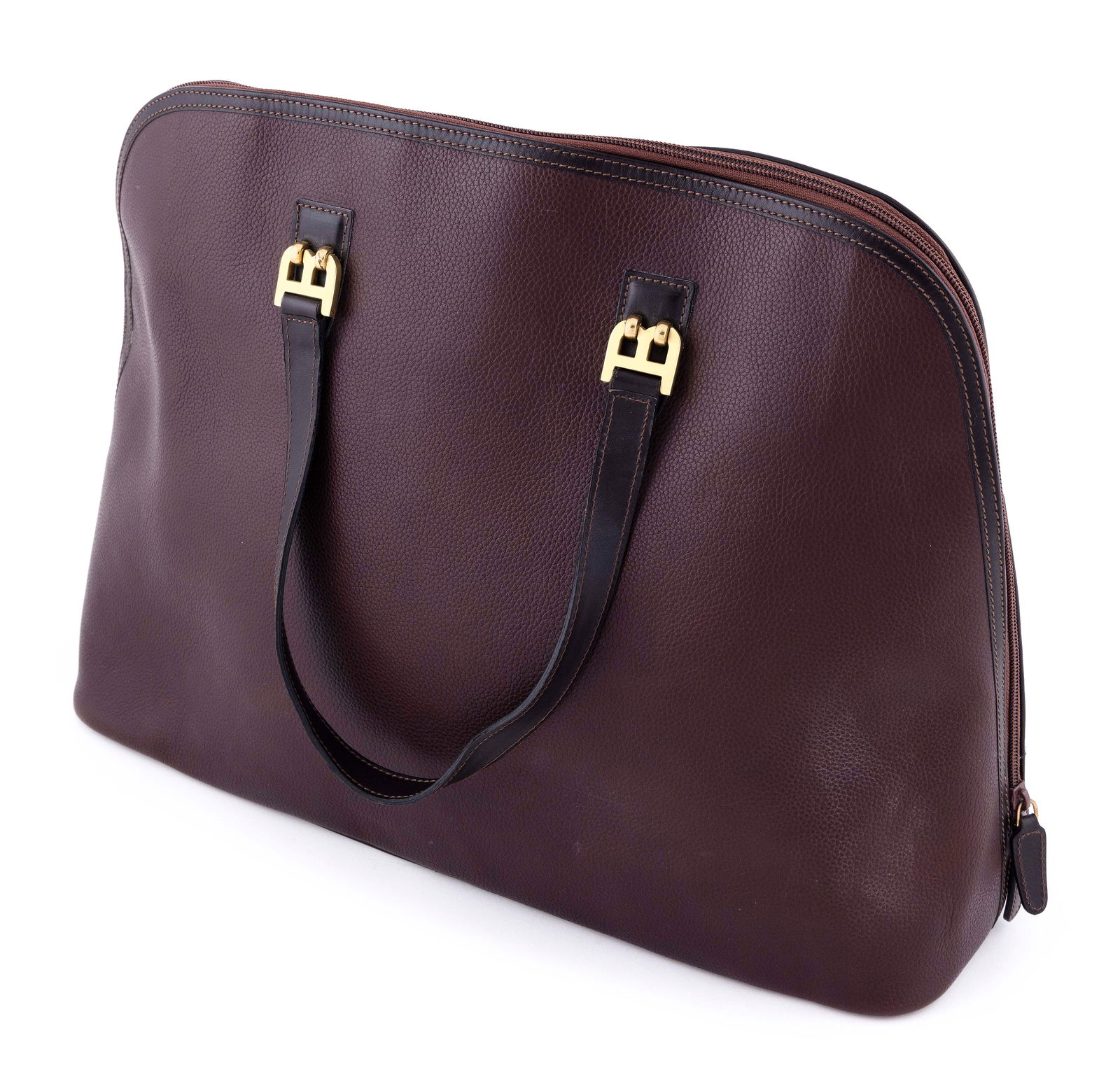 BALLY BROWN LEATHER "BOWLING" BAG Height 14". Width 18.5". (1 of 3)