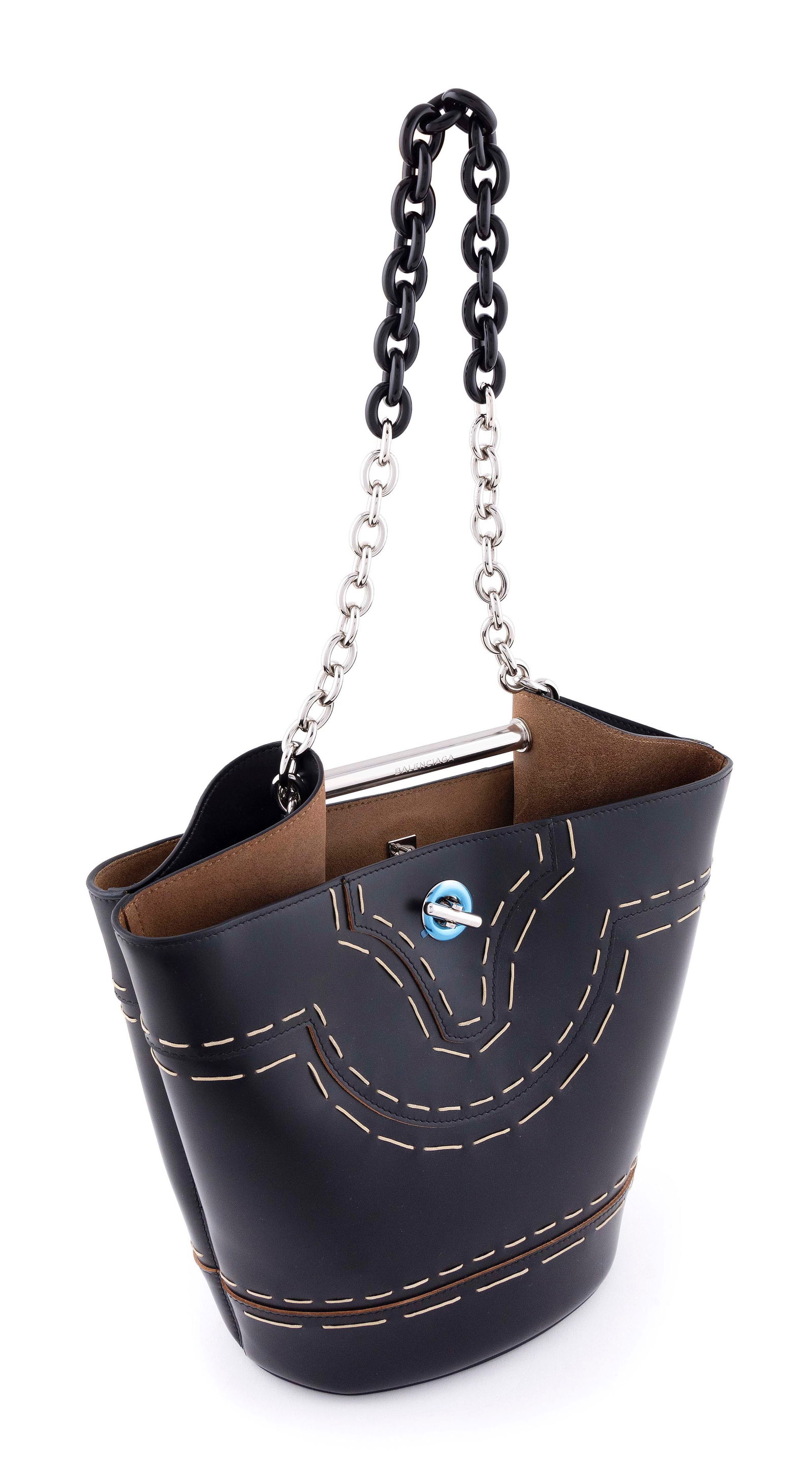 BALENCIAGA CALFSKIN PICKSTITCH TOP HANDLE BUCKET BAG Height 11". Width 12". (1 of 6)
