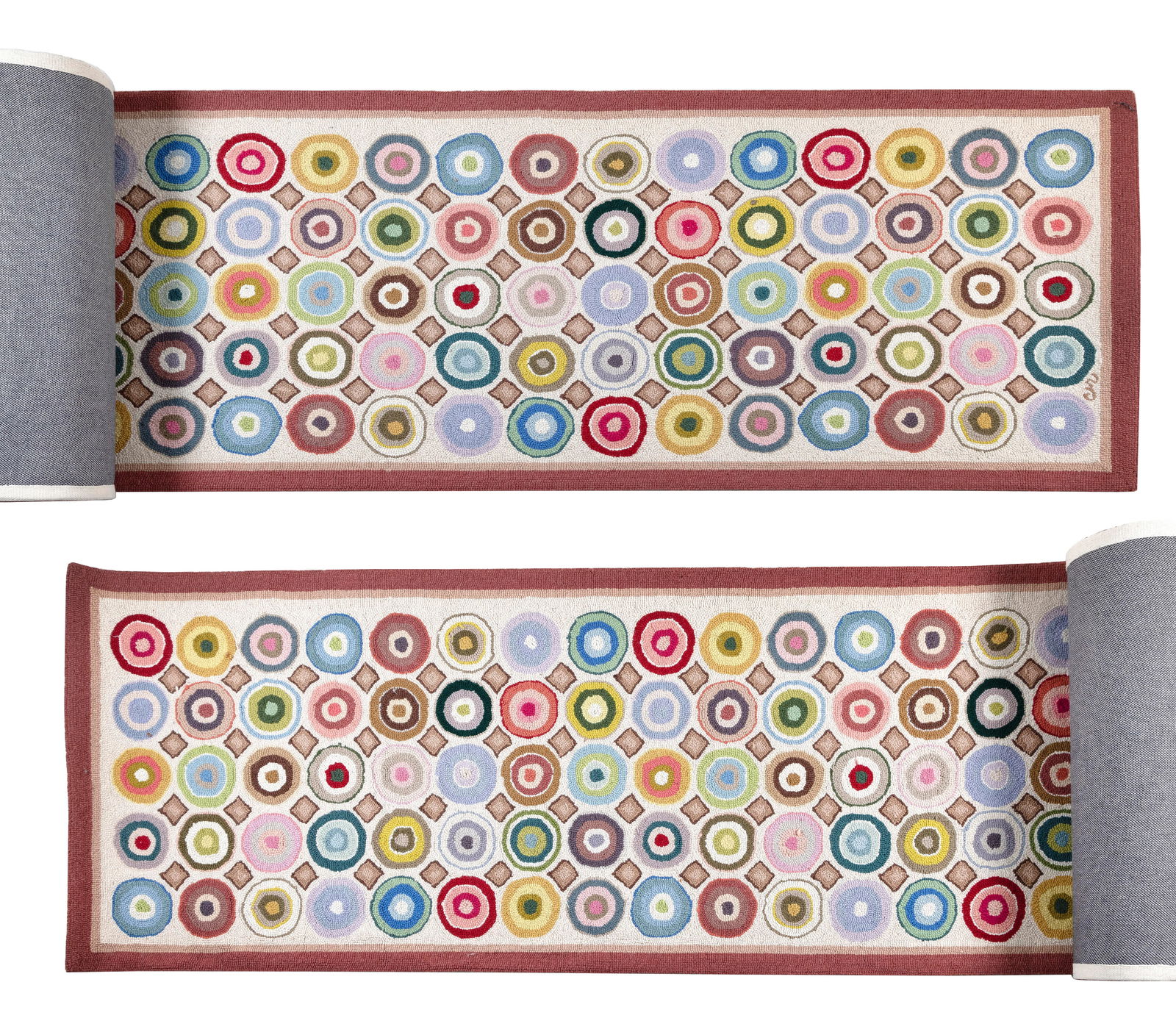 CLAIRE MURRAY "CIRCLES REVISTED" HOOKED RUNNER Contemporary 26" x 123". (1 of 3)