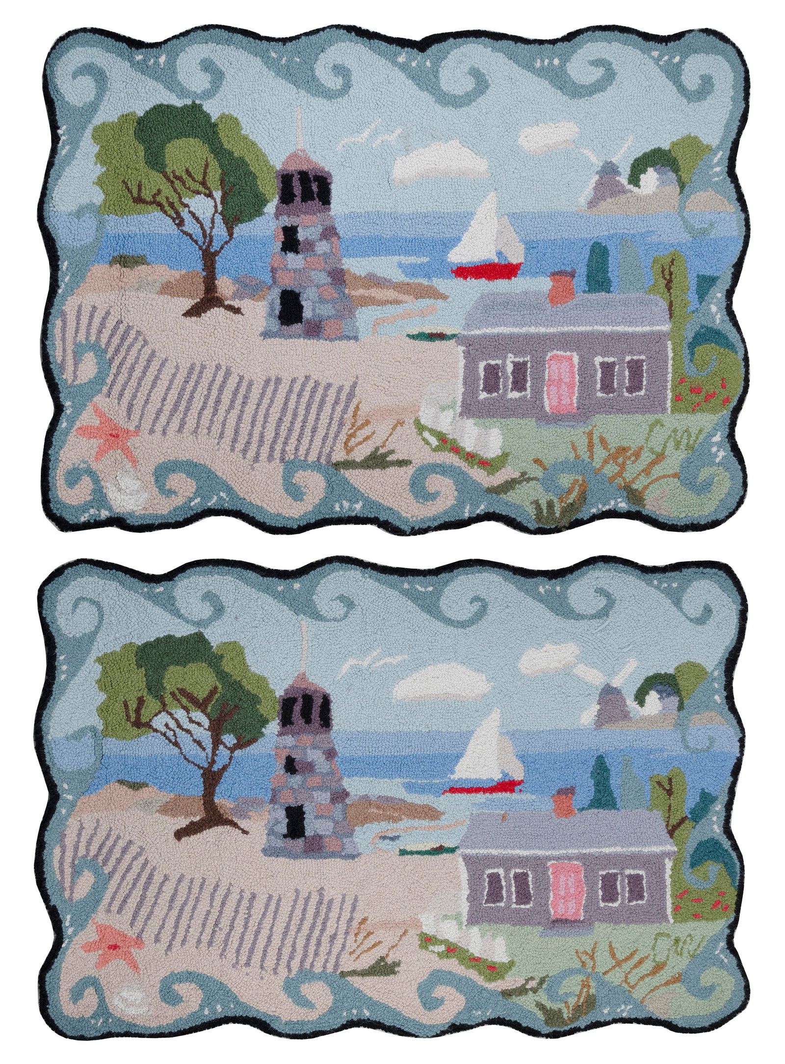 PAIR OF CLAIRE MURRAY "BY THE SEA COTTAGE" HOOKED RUGS Contemporary 24" x 36". (1 of 1)