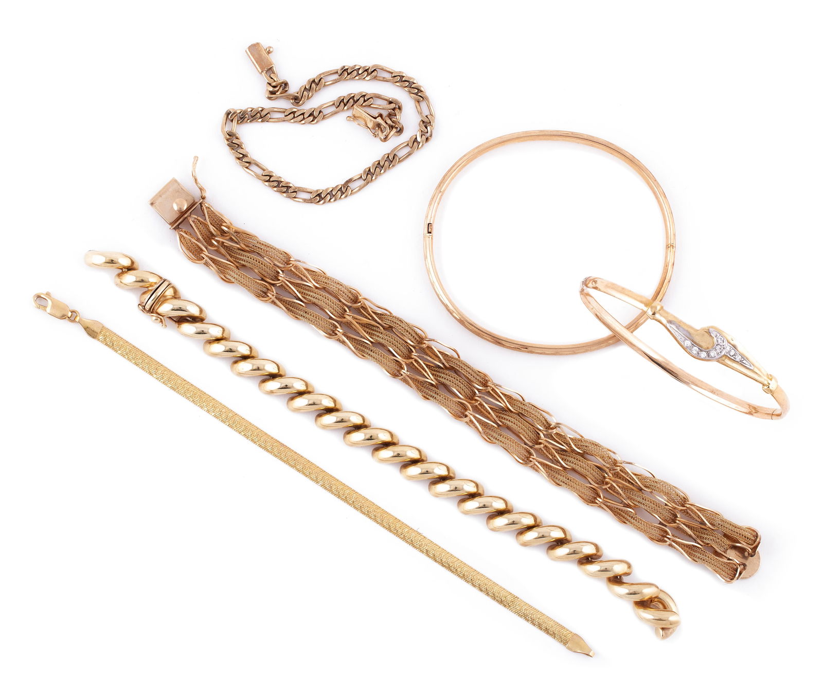 SIX 14KT YELLOW GOLD BRACELETS Approx. 47.25 total dwt.: SIX 14KT YELLOW GOLD BRACELETS1-2) Two bangles, one with eight small round diamonds.3-5) Three flexible link bracelets, each with a box clasp and fold-over safety. Widths from 4.0 to 15.0mm.6) Flat ch