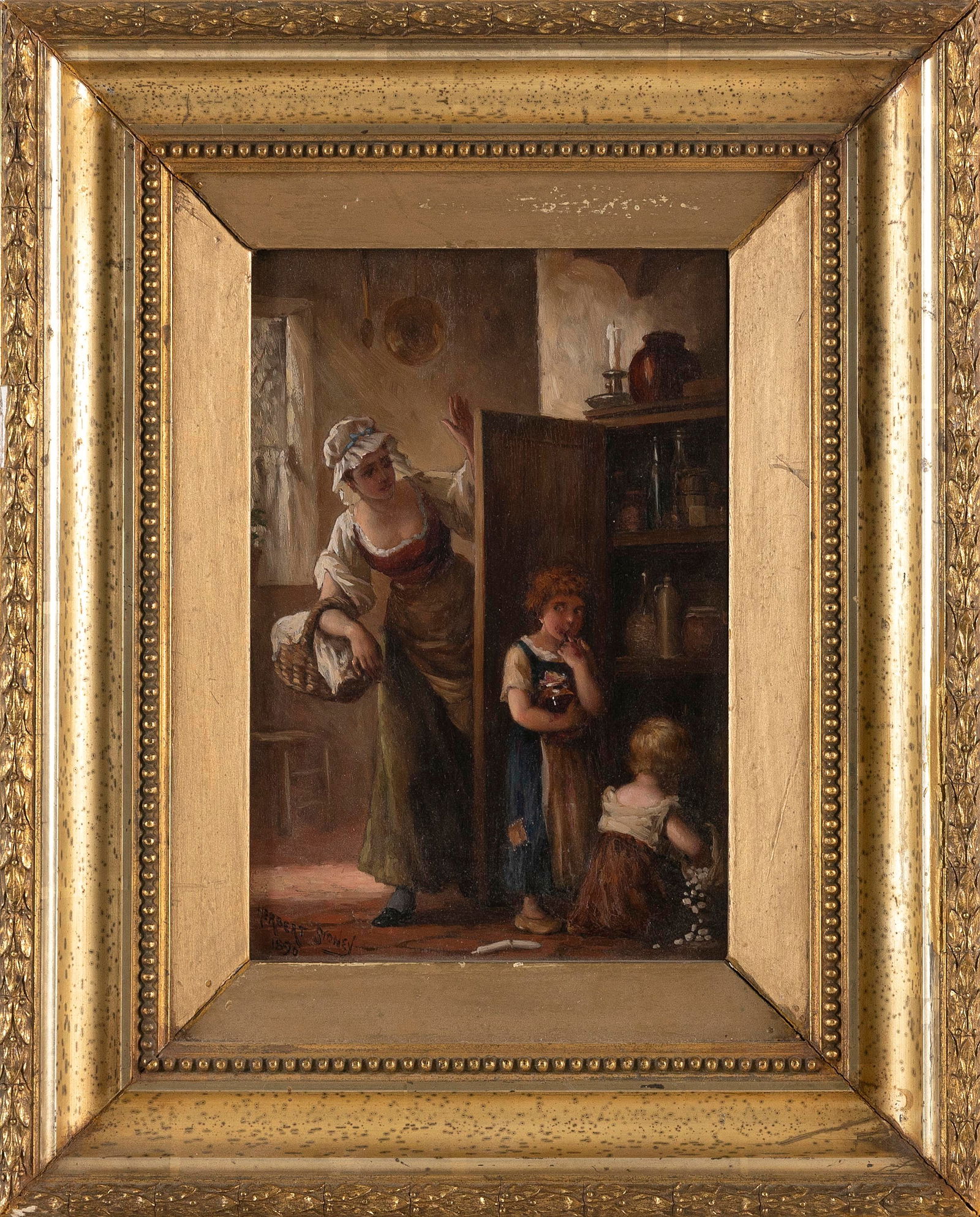 HERBERT SIDNEY (United Kingdom, 1858-1923), Domestic genre scene depicting two children being caught (1 of 2)