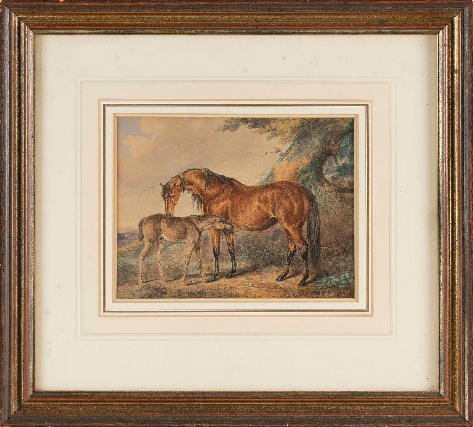 JOSEPH MAIDEN (England, 1813-1843), Horse and foal., Watercolor, 7.5" x 10" sight. Framed 18" x 20". (1 of 2)