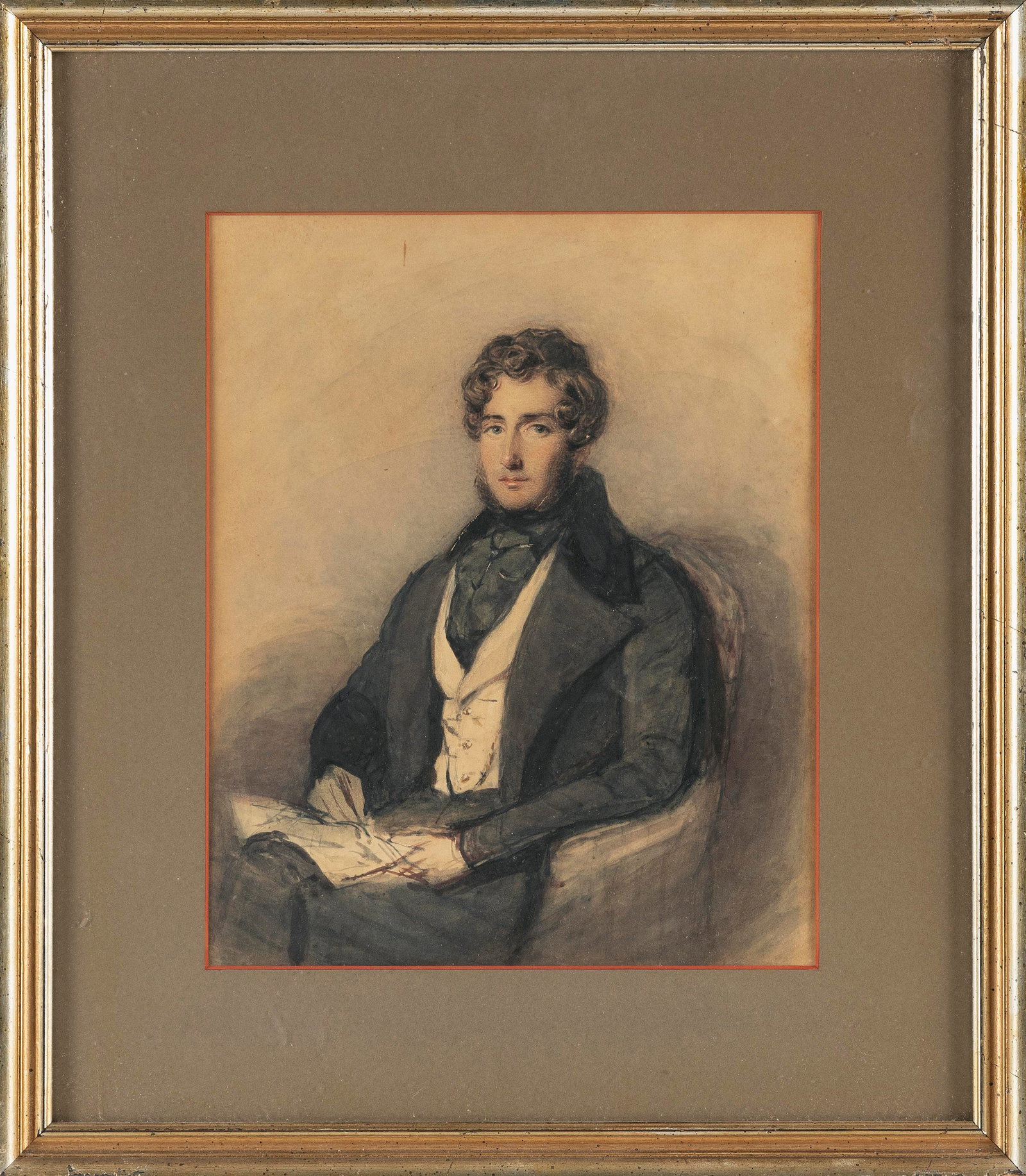 SCOTTISH SCHOOL (Early 19th Century,), Portrait of John Callander, Esq., Watercolor, 10.5" x 8.75": SCOTTISH SCHOOL Early 19th Century Portrait of John Callander, Esq. Unsigned. Handwritten label verso inscribed "John Callander Esq. 2nd Son of Col. George Callander of Craigforth & Ardkinlas[sic]". A