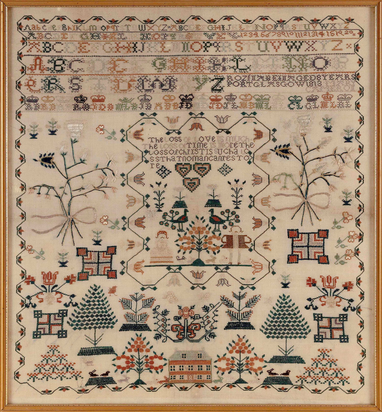 ENGLISH OR SCOTTISH NEEDLEWORK SAMPLER Dated 1813 23.25" x 21" sight. Framed 24" x 22". (1 of 2)