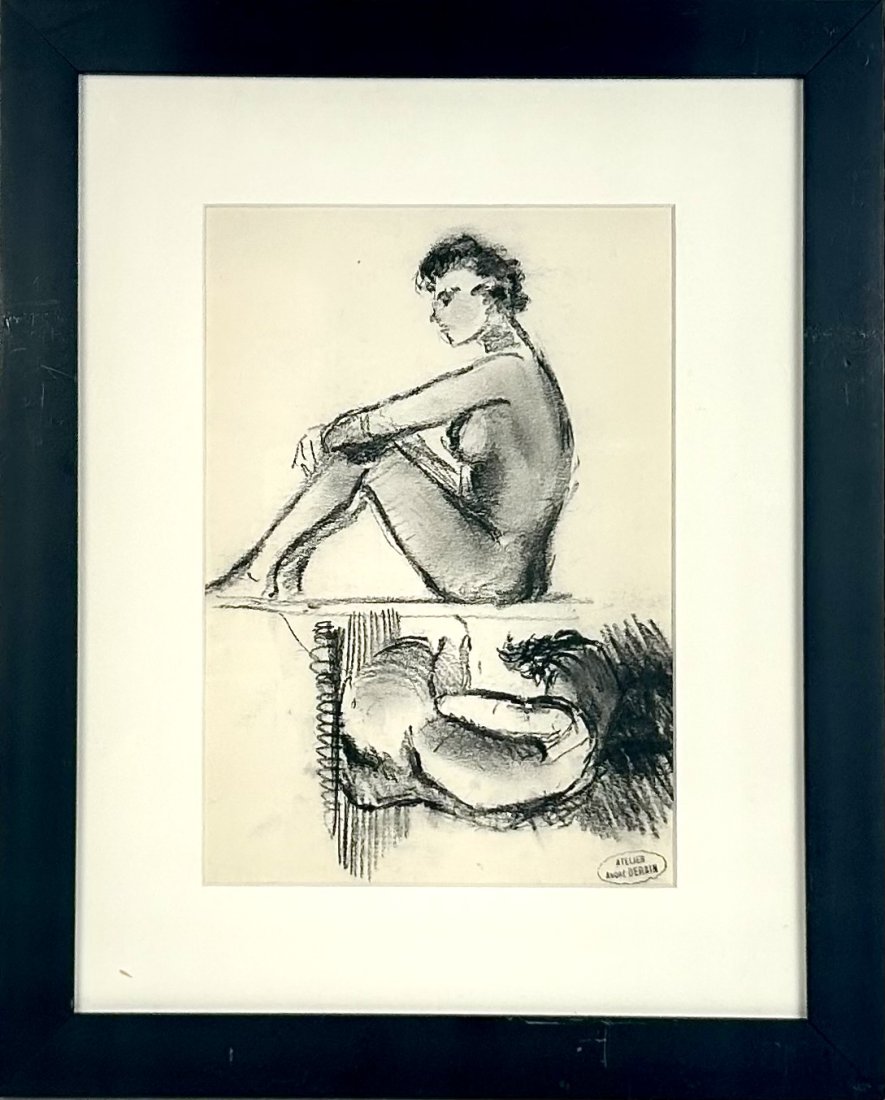 ANDRE DERAIN (France, 1880-1954), Two nude studies on one sheet., Charcoal on cream wove paper,: ANDRE DERAINFrance, 1880-1954Two nude studies on one sheet. "Atelier Andre Derain" stamp lower right. Three faint figural studies verso.Charcoal on cream wove paper, 10.5" x 7.25". Framed 16" x 13".