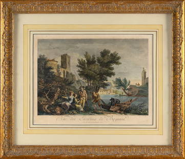 JEAN-JACQUES LE VEAU (France, 1729-1786), "Rue des Environs de Bayonne", Colored engraving on paper,: JEAN-JACQUES LE VEAUFrance, 1729-1786"Rue des Environs de Bayonne", after Claude-Joseph Vernet (Italy/France, 1714-1789). Inscribed lower right "J. Le Veau".Colored engraving on paper, 13" x 17". Fram