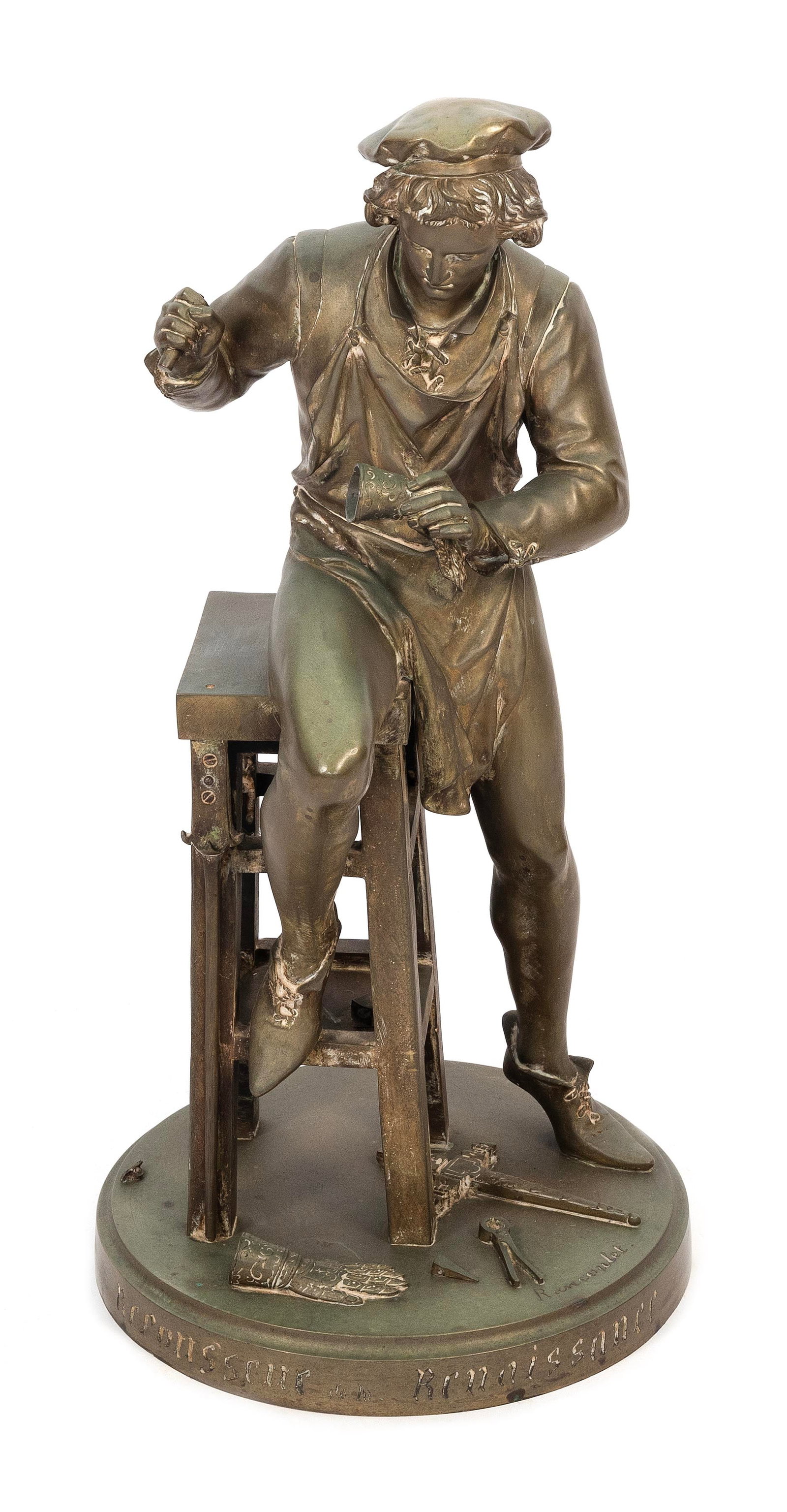 ERNEST RANCOULET (France, 1870-1915), "Repousseur de la Renaissance" (Renaissance Sculptor).,: ERNEST RANCOULET France, 1870-1915 "Repousseur de la Renaissance" (Renaissance Sculptor). Signed on base "Rancoulet". Bronze, height 26.5".