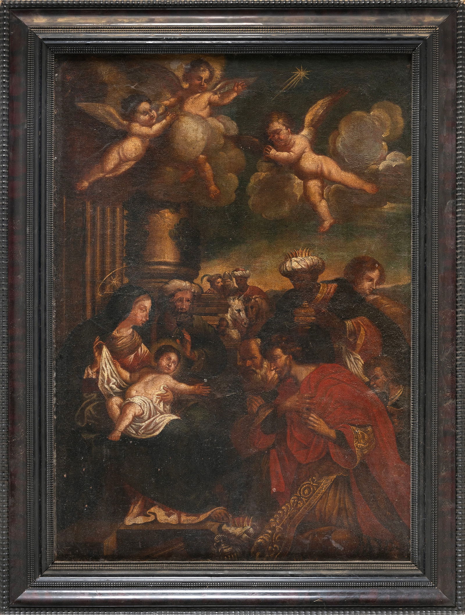CONTINENTAL SCHOOL (18th Century,), Scene of the Holy Family with angels., Oil on canvas, 33" x 23". (1 of 8)