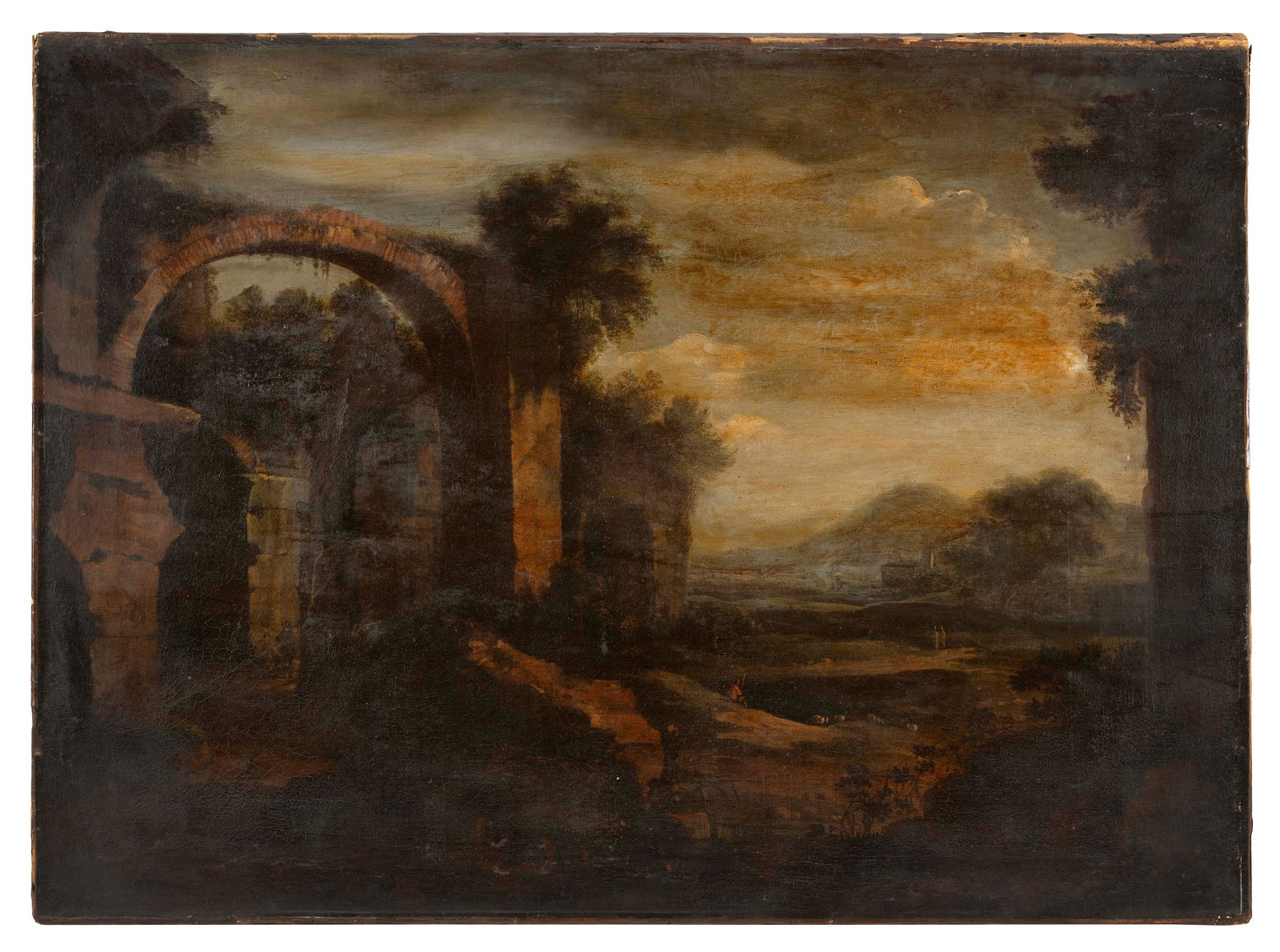 CONTINENTAL SCHOOL (18th Century,), Landscape with ruins., Oil on canvas, 29.5" x 40". Unframed. (1 of 2)