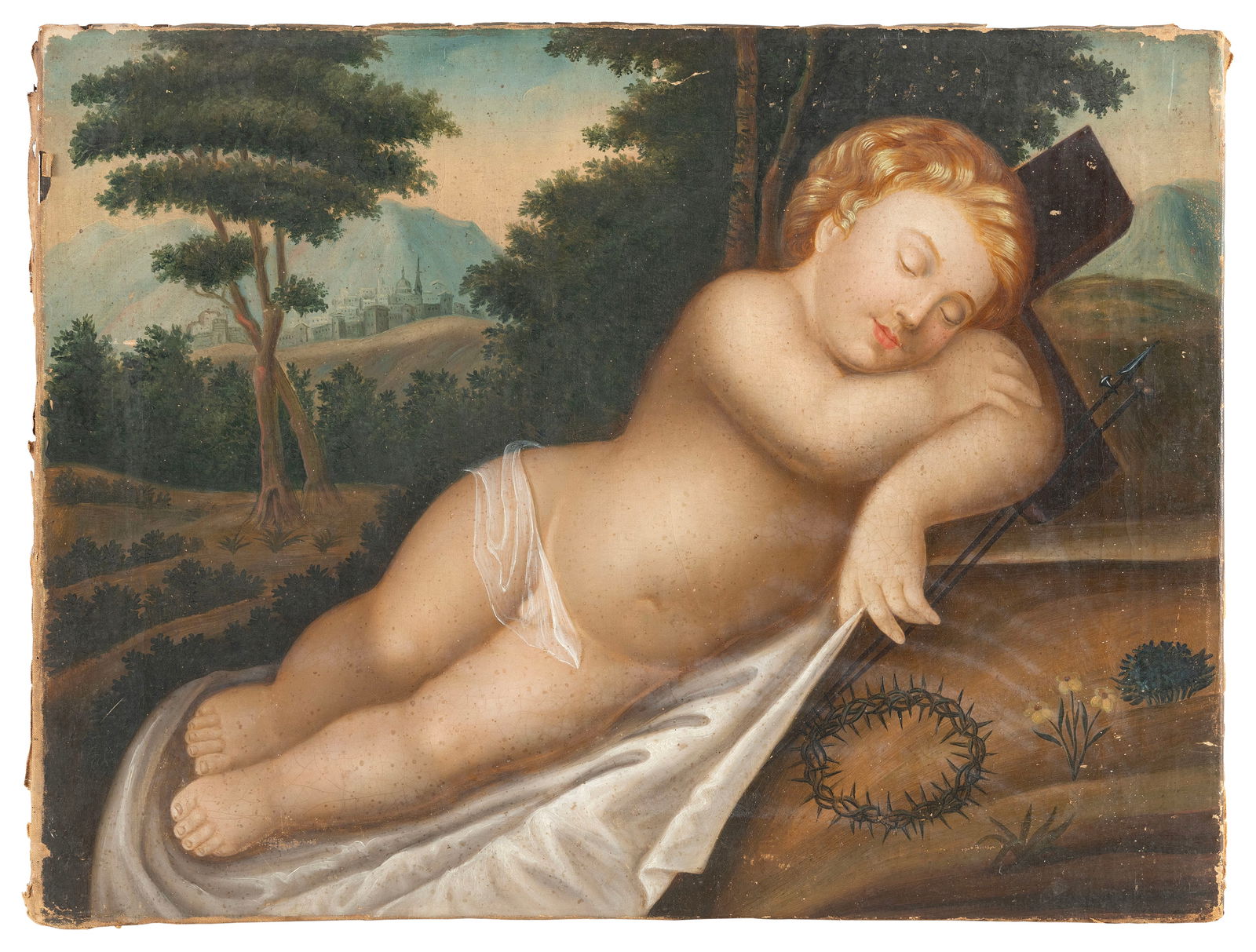 CONTINENTAL SCHOOL (18th Century,), Baby Jesus in repose., Oil on canvas, 17.5" x 23.5". Unframed. (1 of 2)