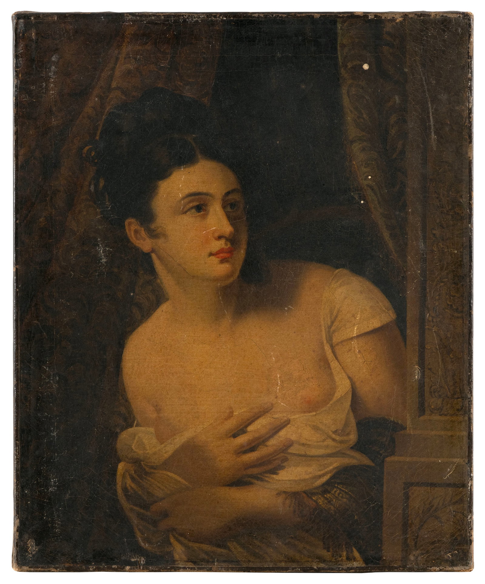 CONTINENTAL SHOOL (19th Century,), Woman at a window., Oil on canvas, 13.5" x 11". Unframed.: CONTINENTAL SHOOL 19th Century Woman at a window. Unsigned. Oil on canvas, 13.5" x 11". Unframed.