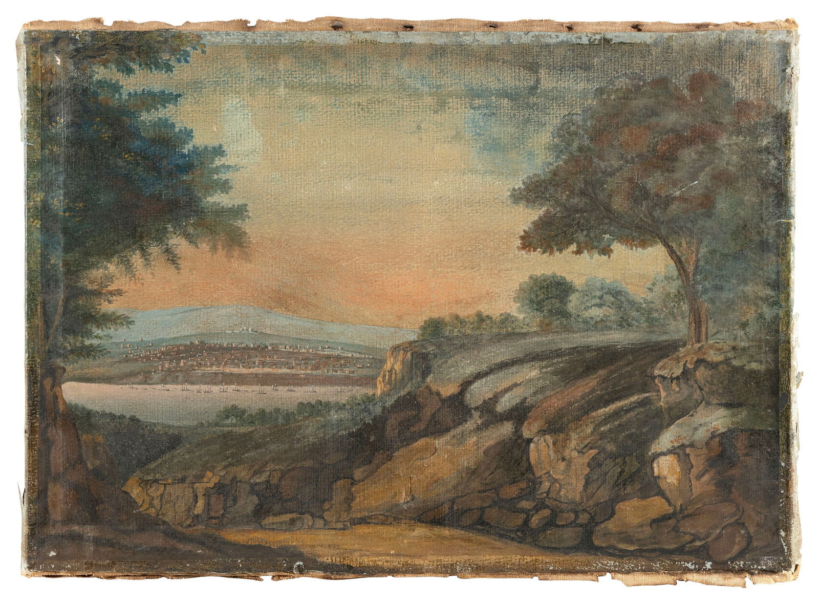CONTINENTAL SCHOOL (19th Century or Earlier,), Landscape overlooking a distant harbor and city., Oil: CONTINENTAL SCHOOL19th Century or EarlierLandscape overlooking a distant harbor and city. Unsigned.Oil on canvas, 13" x 18". Unframed.