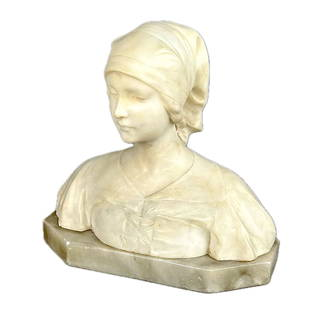 DANTE ZOI (Italy, 19th/20th Century), Bust of a young woman., White marble on a gray alabaster base,: DANTE ZOIItaly, 19th/20th CenturyBust of a young woman. Signed on reverse "D. Zoi Firenze".White marble on a gray alabaster base, total height 12.5". Width 12.5". Depth 6.5".