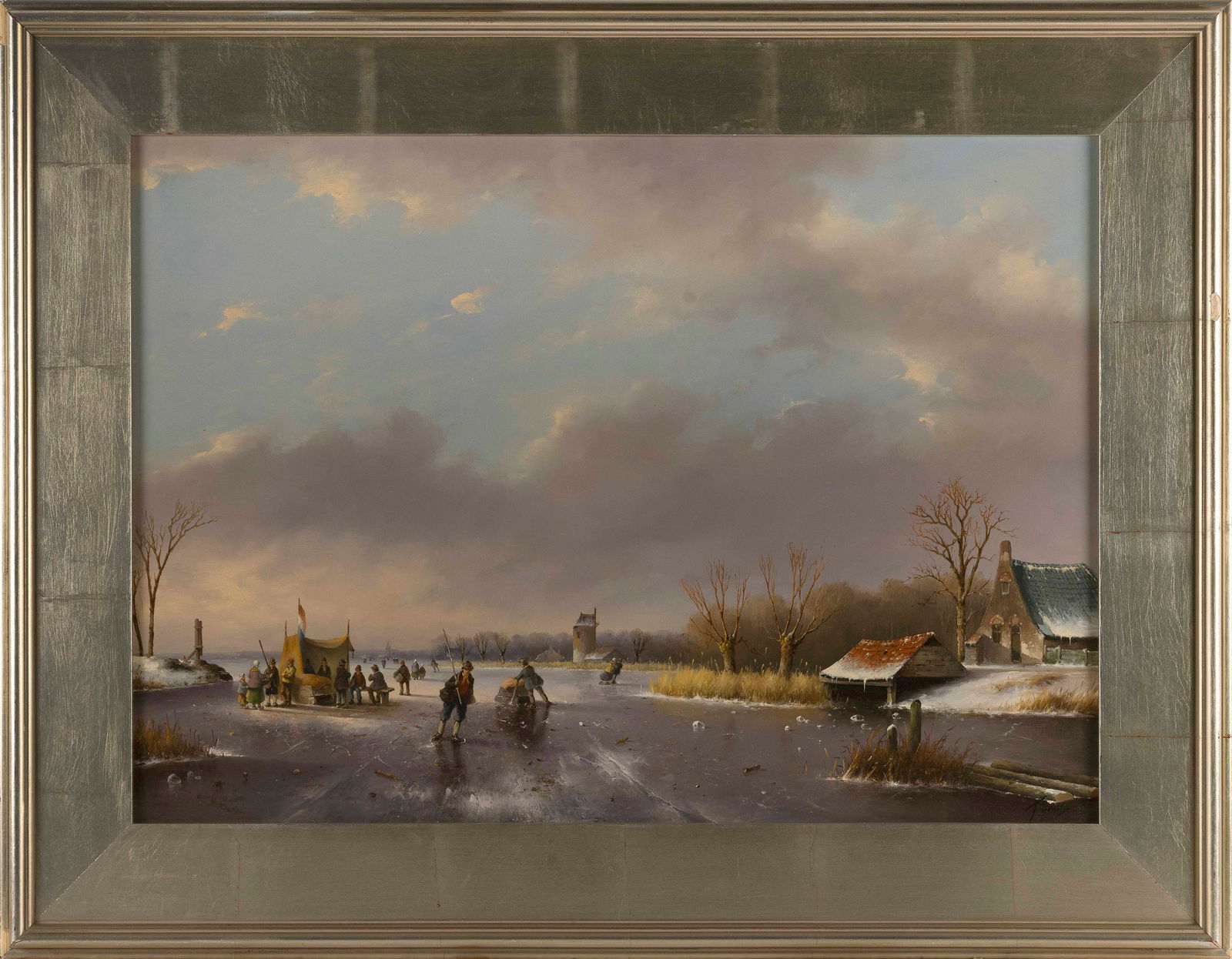 FRED ARENDS (The Netherlands, 1949-), Dutch winter scene with skaters., Oil on panel, 19.25" x (1 of 2)