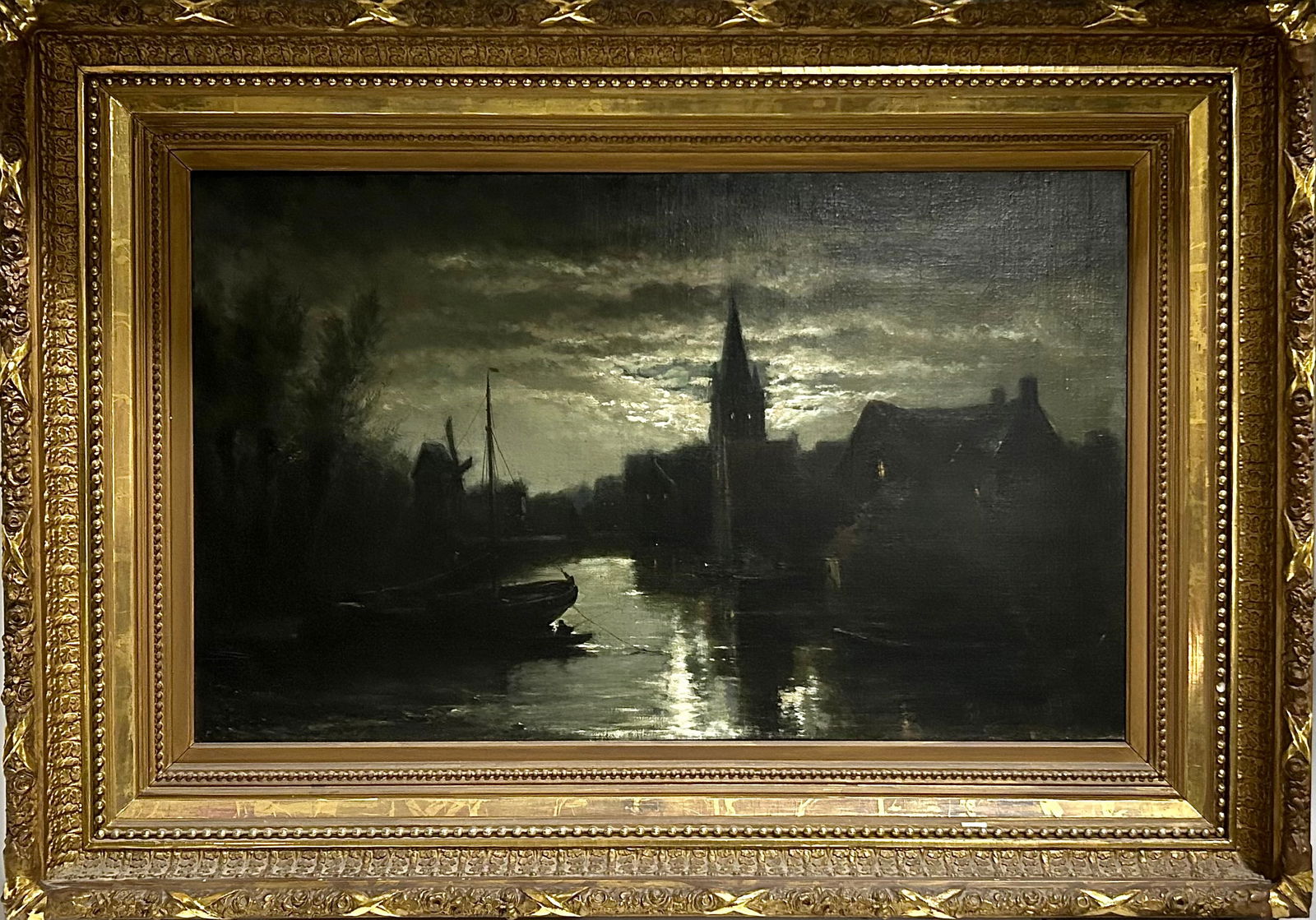 DUTCH SCHOOL (19th Century,), Moonlit canal., Oil on canvas, 22" x 36.5". Framed 34" x 48". (1 of 3)