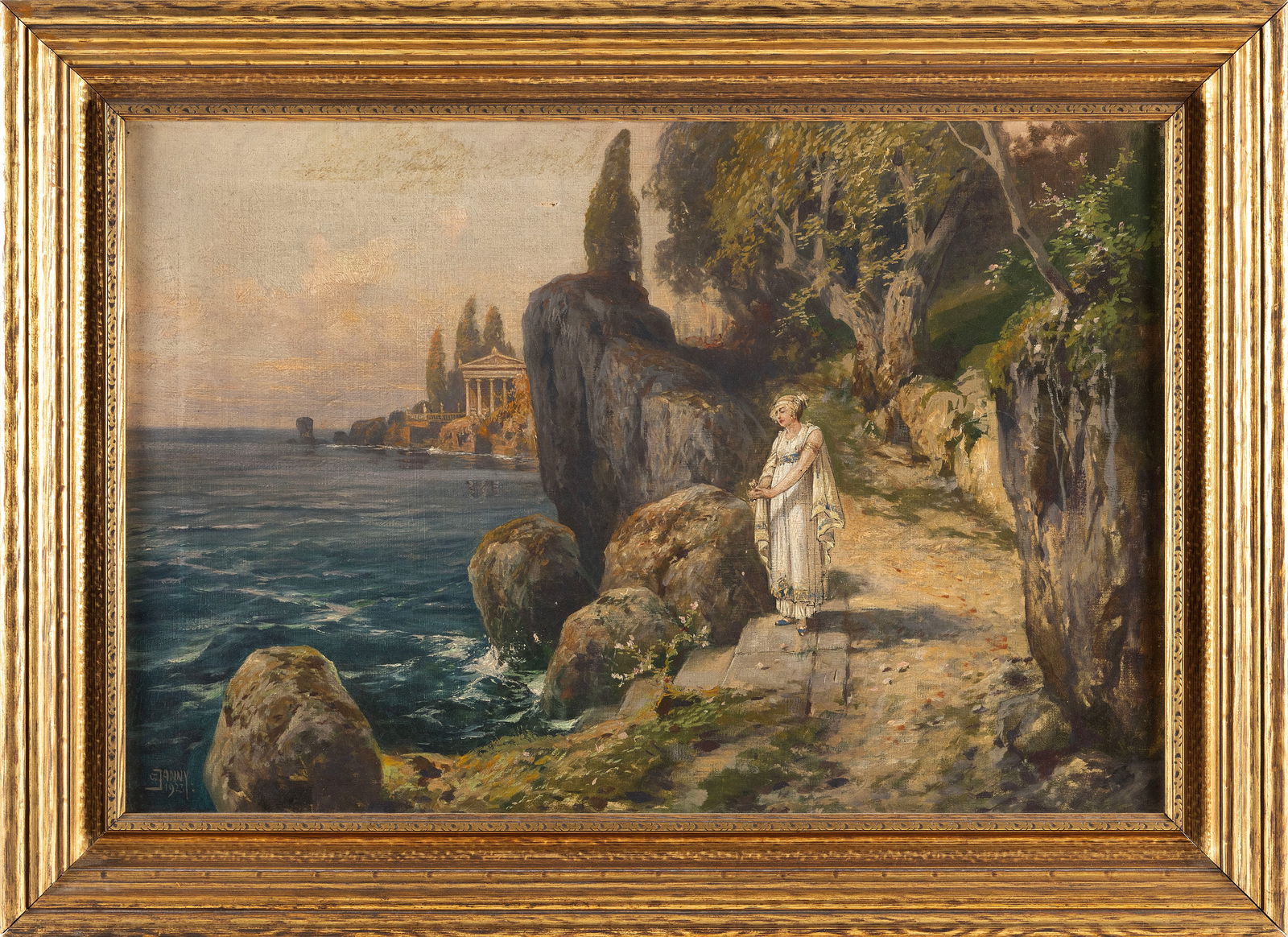 GEORG JANNY (Austria, 1864-1935), Classical scene of a woman on a rocky coastline., Oil on canvas, (1 of 2)