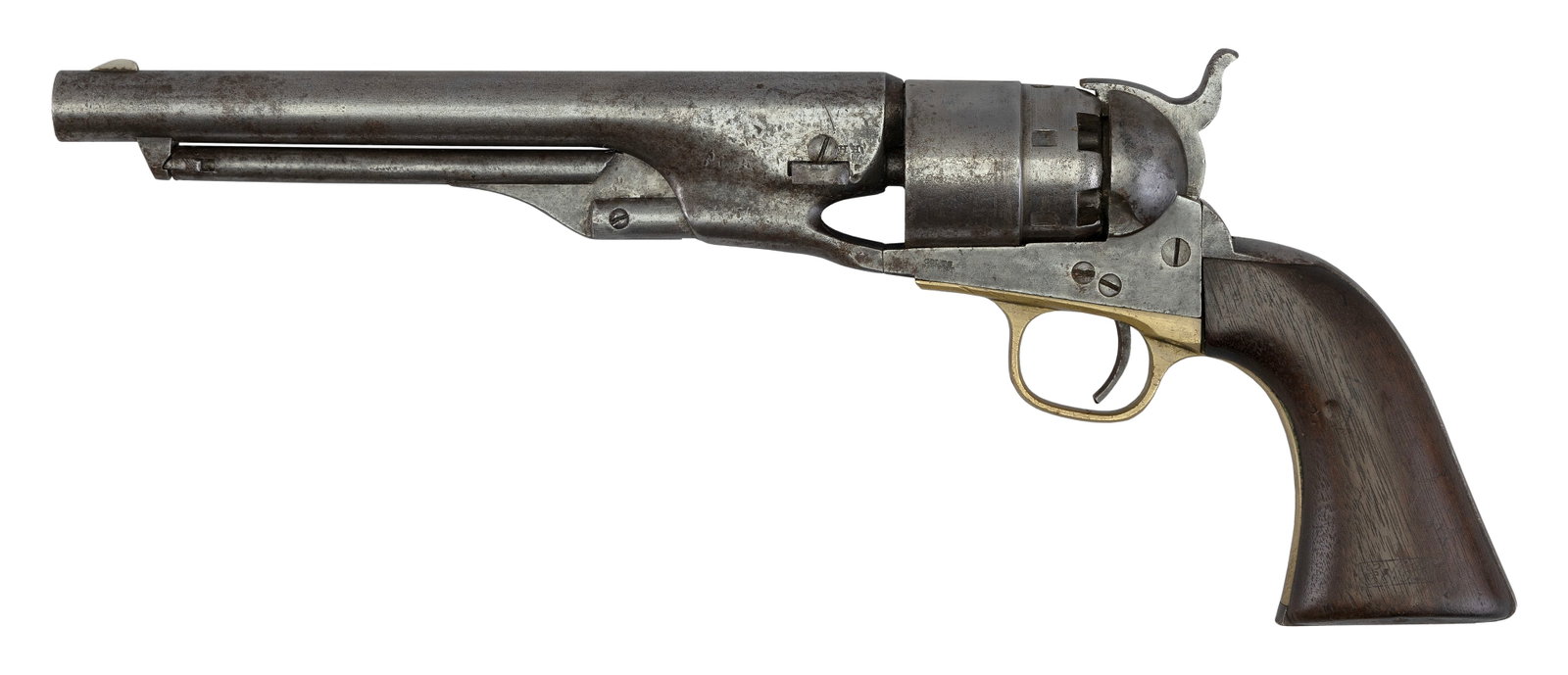 COLT MODEL 1860 REVOLVER 19th Century Length of barrel 8". Total length 14".: COLT MODEL 1860 REVOLVER 19th Century .44 cal., Serial #117104, all matching except the cylinder. Walnut grips with cartouche. Butt of the grips carved "74". Length of barrel 8". Total length 14".