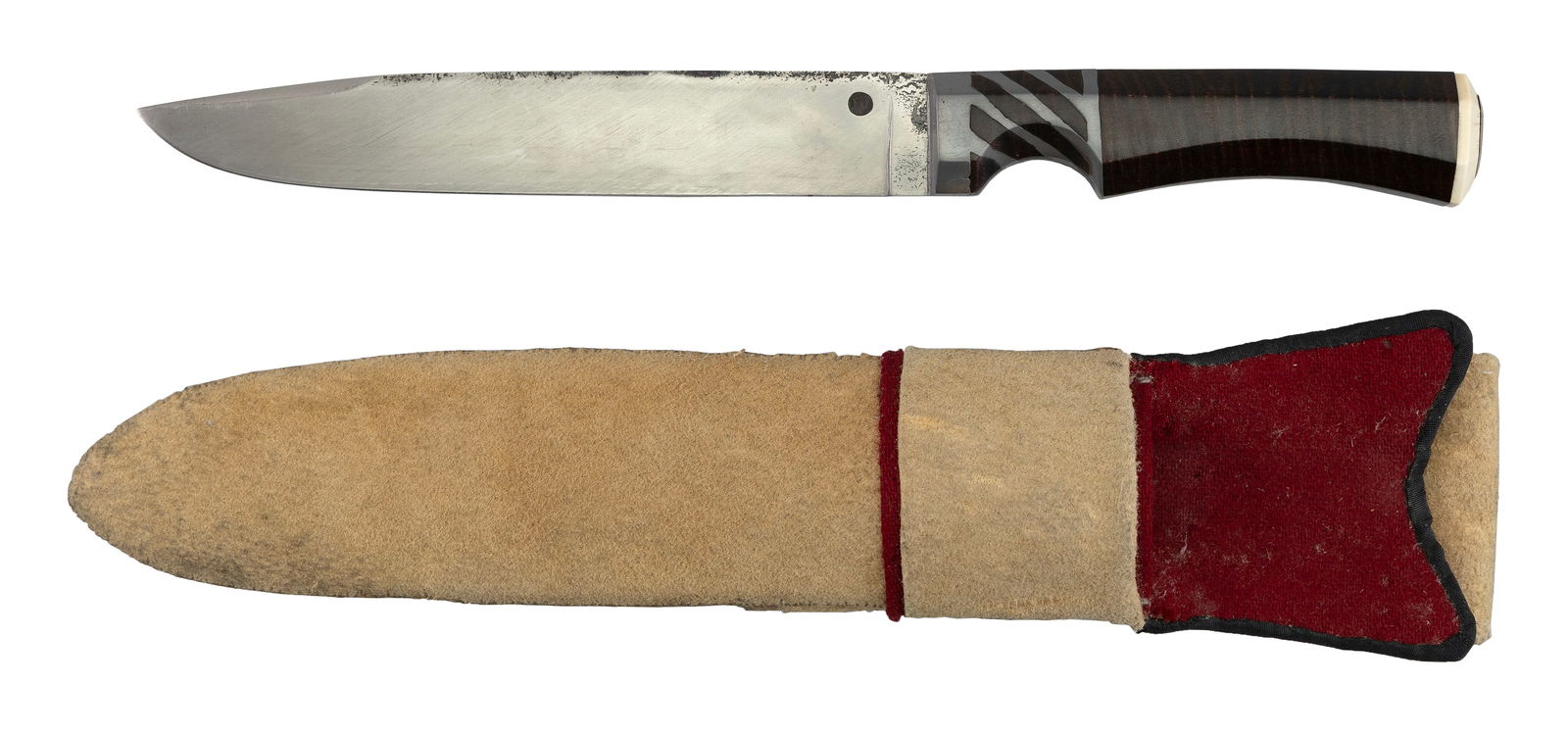 BELT KNIFE 19th Century Total length 11.75". Blade length 7".: BELT KNIFE19th CenturyOctagonal figured wood grip with an ivory and metal-capped butt and a metal-inlaid finger grip; metal appears to be pewter. Circular inset "W" maker's mark on blade. Includes a h