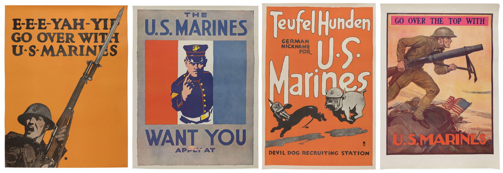 FOUR WORLD WAR I U.S. MARINES RECRUITMENT POSTERS Circa 1918 All approx. 28" x 21". Unframed. (1 of 5)