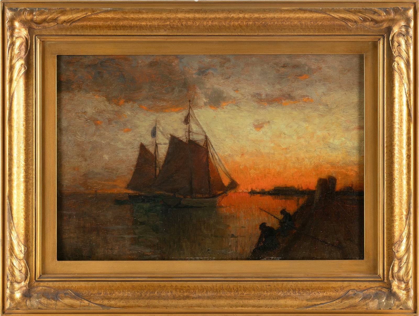 FRANK KNOX MORTON REHN (Pennsylvania/Massachusetts, 1848-1914), A gaff-rigged vessel under sunset: FRANK KNOX MORTON REHN Pennsylvania/Massachusetts, 1848-1914 A gaff-rigged vessel under sunset skies. Signed lower left "F.H.M. Rehn". Oil on cradled board, 12" x 18". Framed 18" x 24". Notes: Frank K