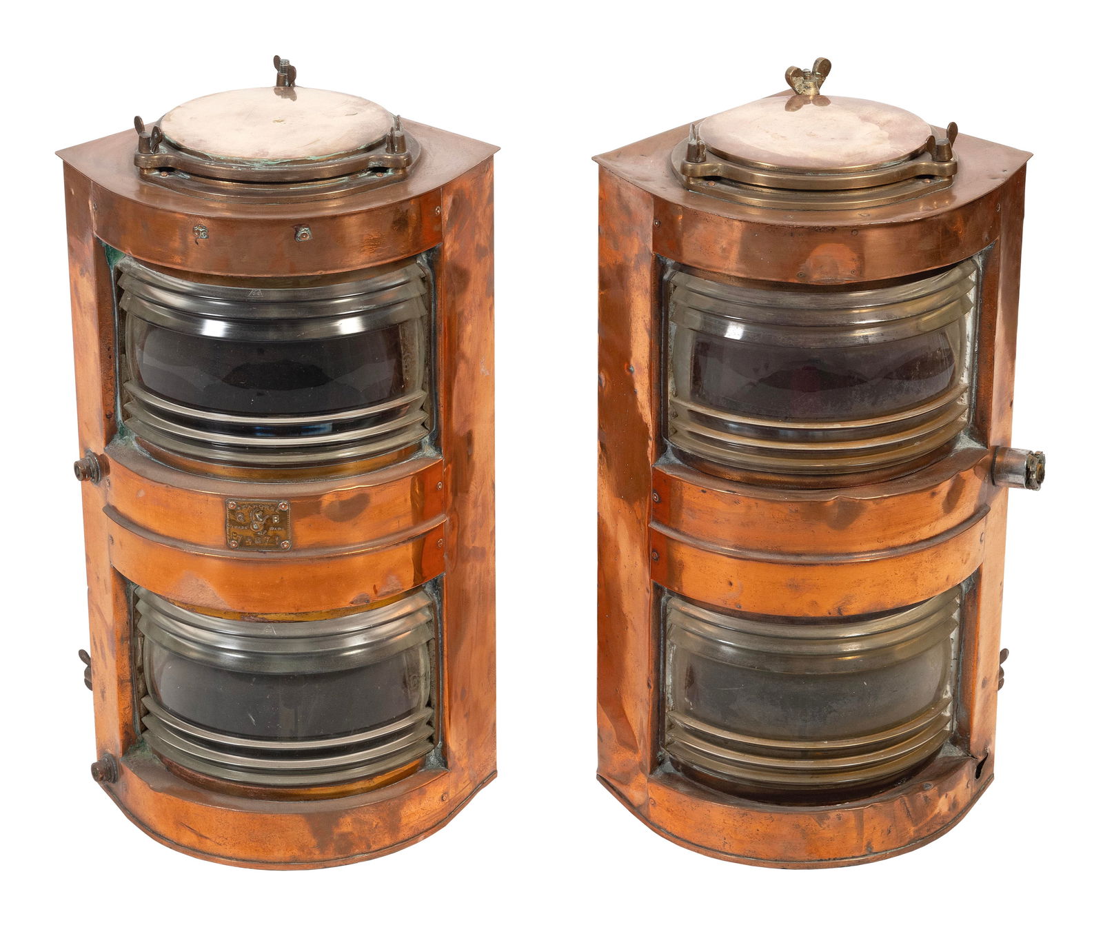 PAIR OF COPPER DOUBLE-LENS SHIP'S LANTERNS Early 20th Century Heights 25". (1 of 1)