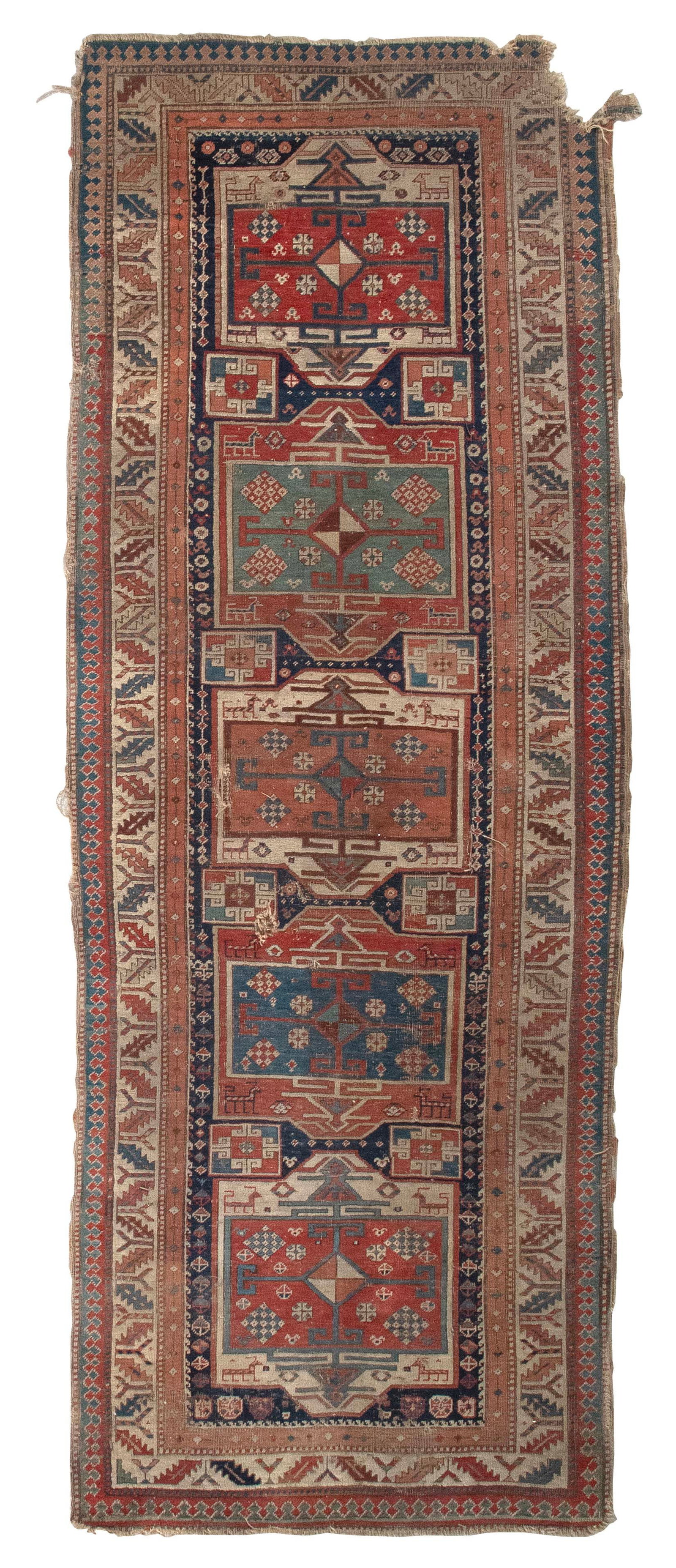 KAZAK RUNNER: 3'7" X 9'5" Late 19th Century: KAZAK RUNNER: 3'7" X 9'5" Late 19th Century Navy blue field with five bold geometric medallions containing a variety of red, blue, green, salmon red and ivory stylized elements and animal figures. Sal