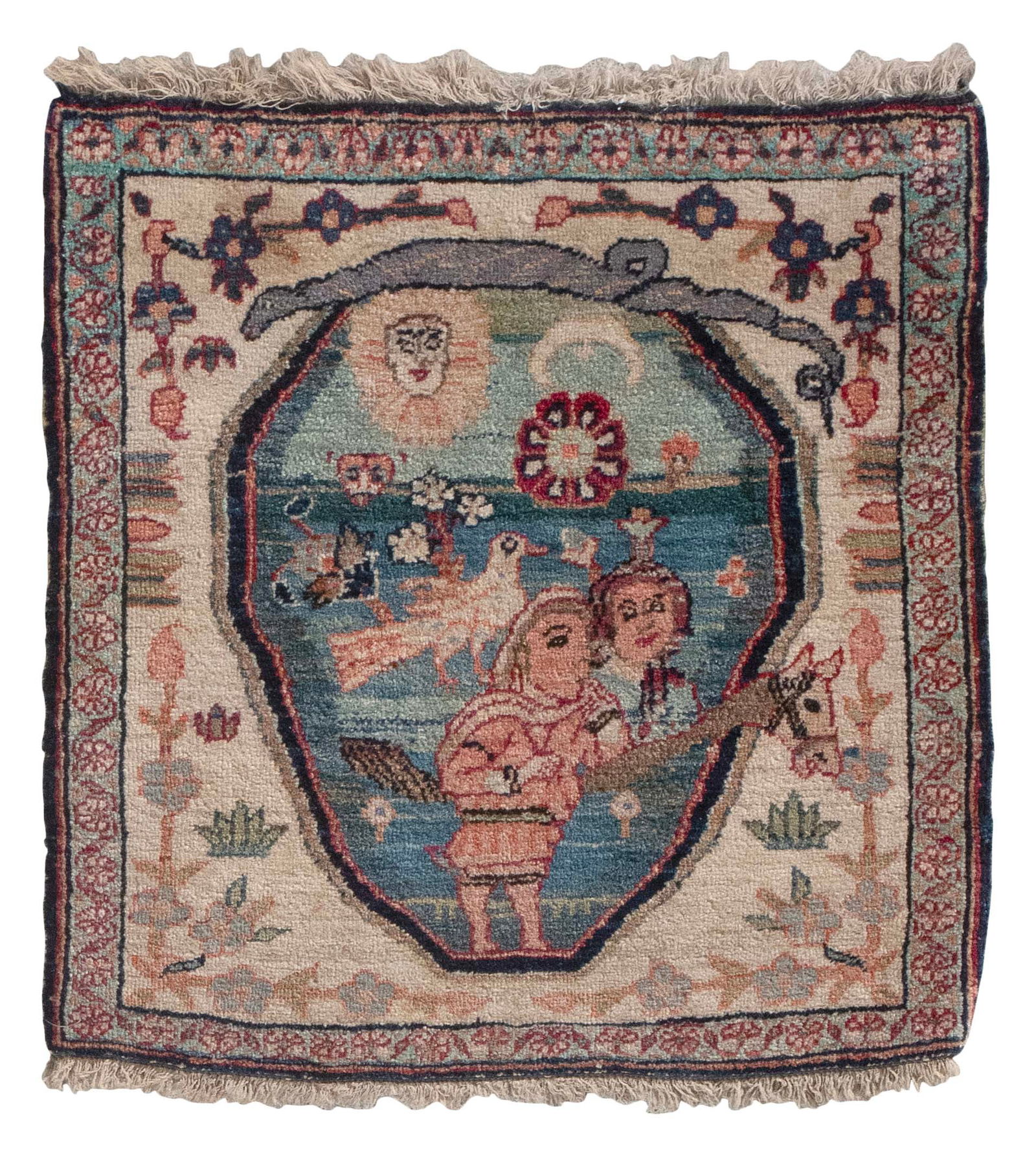 FERAGHAN PICTORIAL MAT: 1'8" X 1'9" Early 20th Century: FERAGHAN PICTORIAL MAT: 1'8" X 1'9"Early 20th CenturyCentral oblong cartouche depicts a seascape with a male and female figure, a horse, a songbird, flowers and a sun face. A coiled serpent rests atop