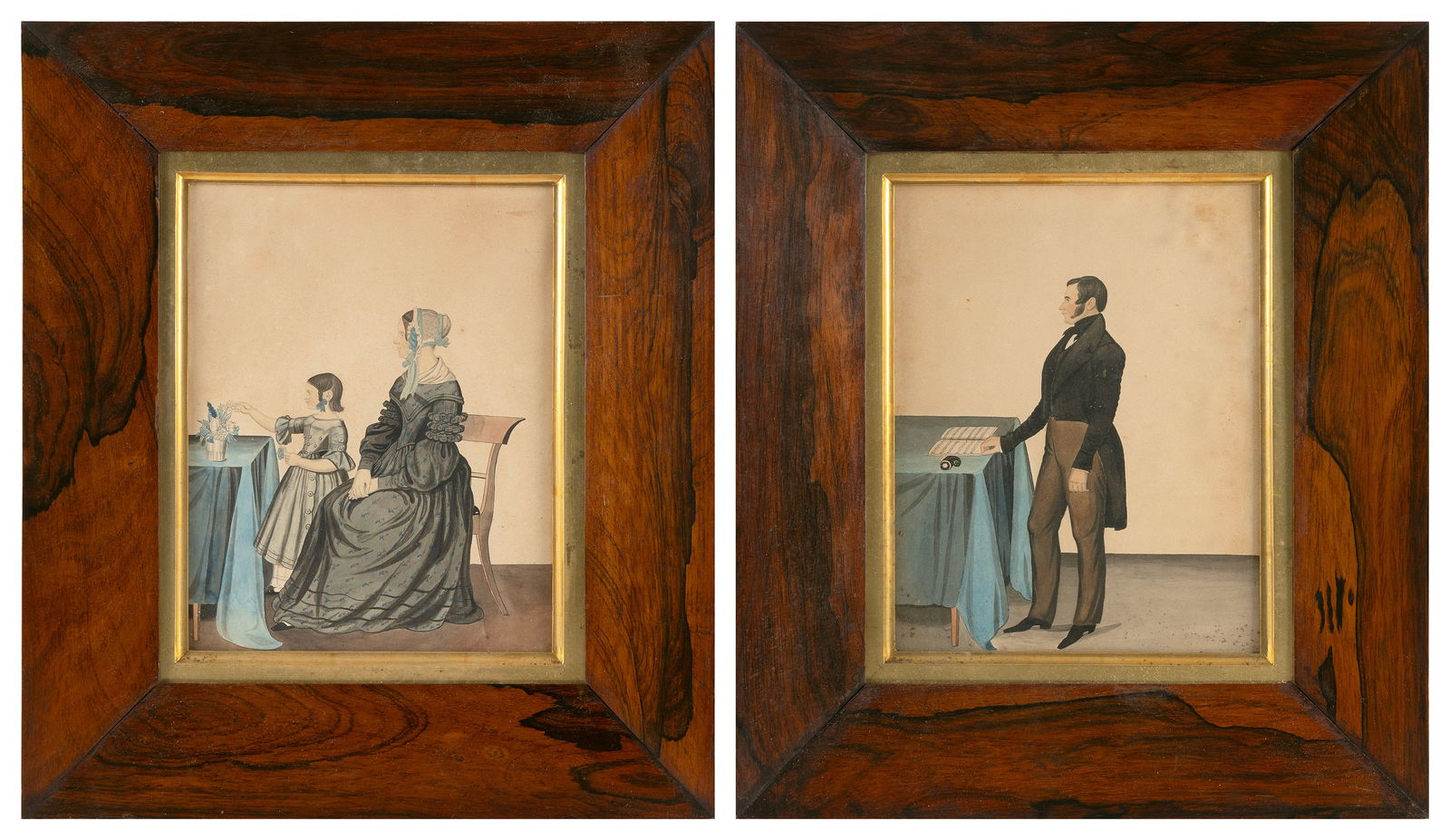 PAIR OF WATERCOLOR PORTRAITS 19th Century 10" x 8". Framed 17" x 15". (1 of 2)