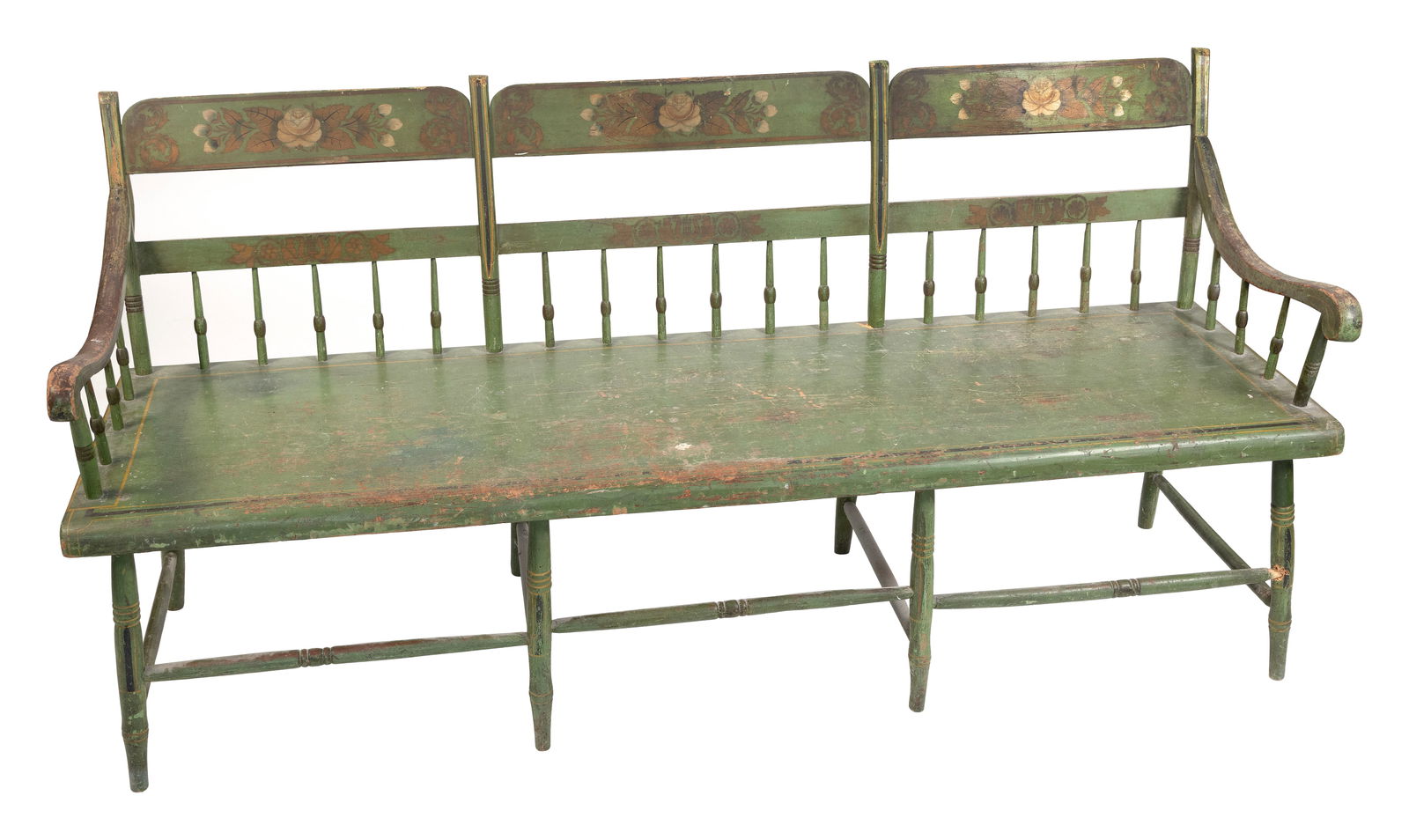 STENCIL-DECORATED DEACON'S BENCH Pennsylvania, 19th Century Back height 34.5". Seat height 17.5". (1 of 3)
