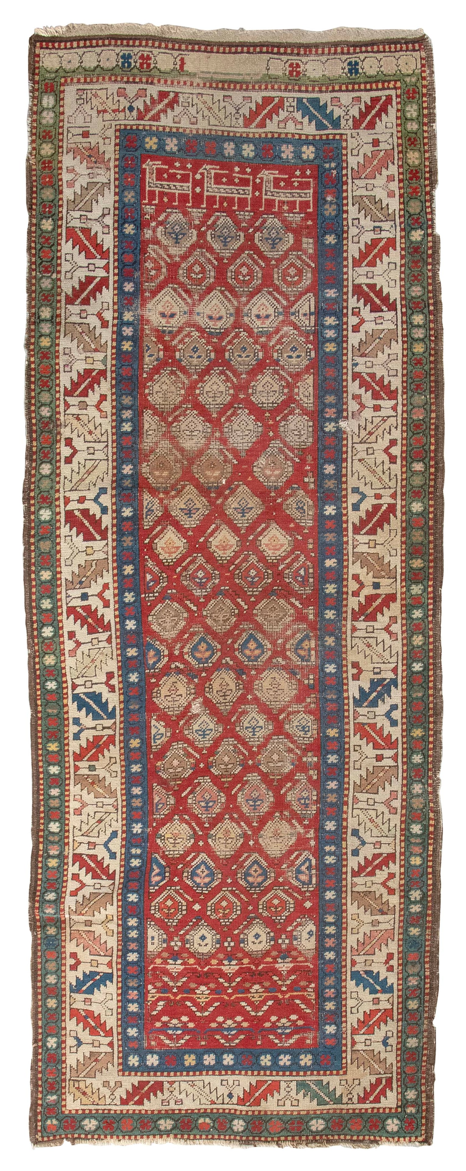 KUBA RUNNER: 3'6" X 9'2", Late 19th/Early 20th Century: KUBA RUNNER: 3'6" X 9'2" Late 19th/Early 20th Century Red field with staggered rows of blue, ivory, tan and pink boteh, stylized deer and flowering linear vines. Blue and abrashed green guard borders.
