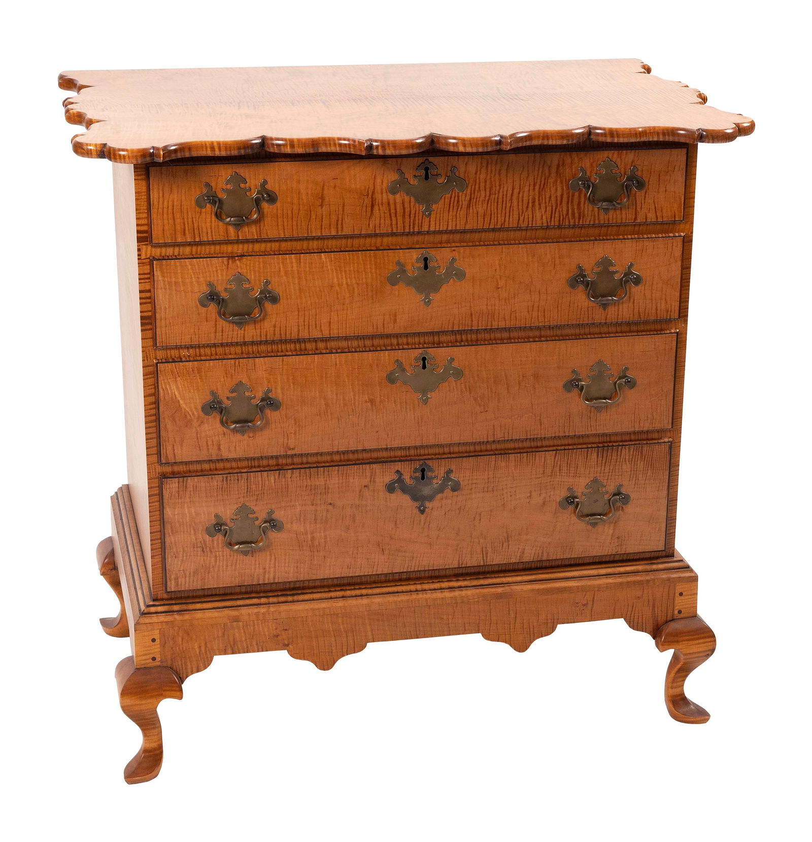 FOUR-DRAWER CHEST IN TIGER MAPLE Late 20th Century Height 35.5". Width (1 of 1)