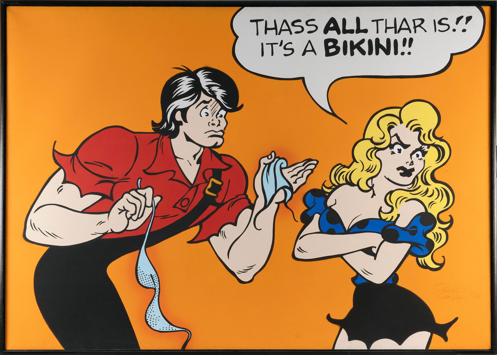 ALFRED GERALD "CAPP" CAPLIN (Connecticut/New York, 1909-1979), "Thass All Thar Is!! It's a: ALFRED GERALD "CAPP" CAPLINConnecticut/New York, 1909-1979"Thass All Thar Is!! It's a Bikini!!". Signed and dated lower right "Al Capp '76".Oil on canvas, 42" x 60". Framed 43" x 61".