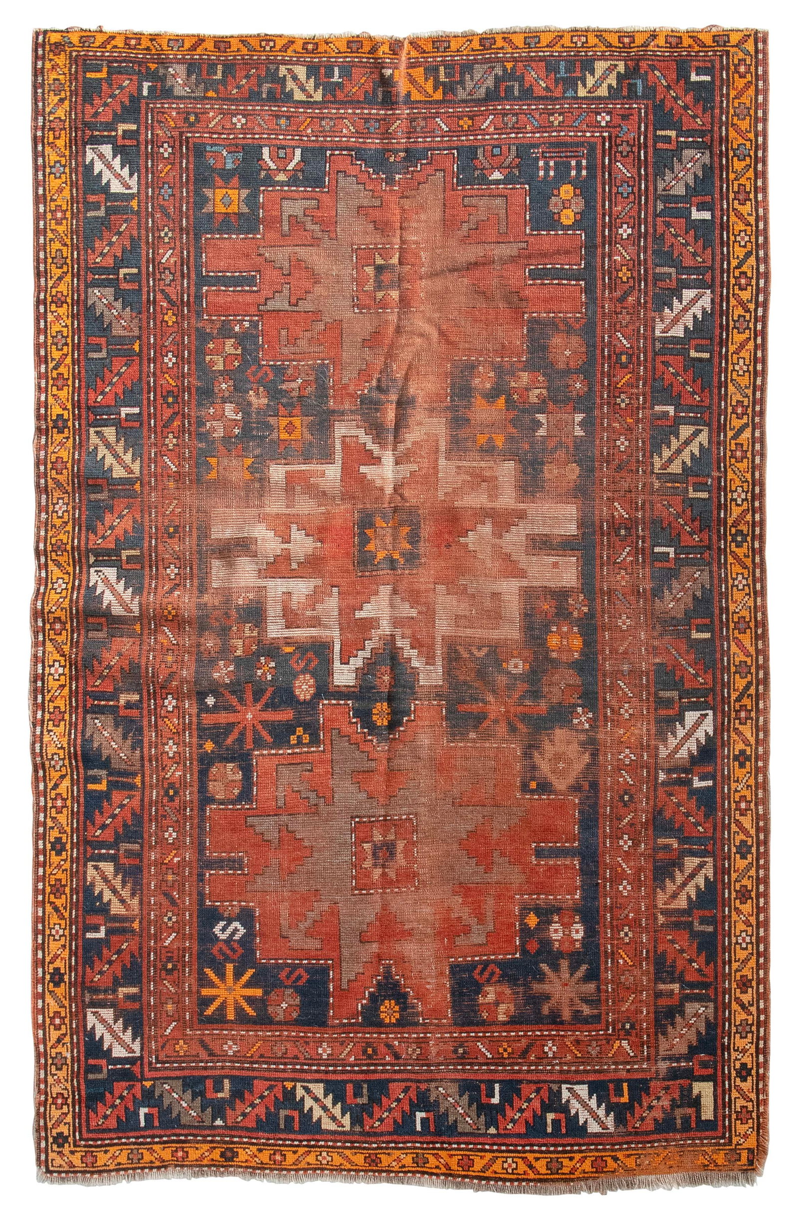 LESGHI STAR KAZAK RUG: 4'9" X 7'3" First Quarter of the 20th Century: LESGHI STAR KAZAK RUG: 4'9" X 7'3" First Quarter of the 20th Century Red, ivory and faded green Lesghi stars contain and are surrounded by stylized blossoms and subtle animal figures on a dark blue fi