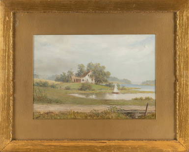 WILLIAM MOORE DAVIS (New York, 1829-1920), Country home on the shore., Watercolor, 13" x 18.5": WILLIAM MOORE DAVISNew York, 1829-1920Country home on the shore. Signed lower left "W.M. Davis".Watercolor, 13" x 18.5" sight. Framed 23.5" x 29.5".