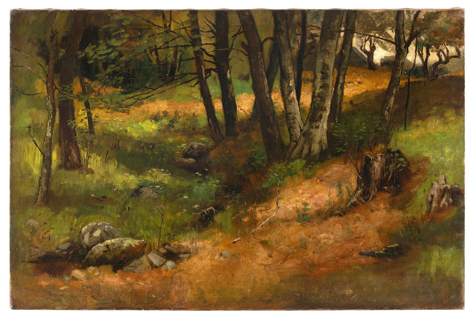 GEORGE WILLIAM WHITAKER (Rhode Island/New York/Massachusetts, 1841-1916), Sunlit field., Oil on: GEORGE WILLIAM WHITAKERRhode Island/New York/Massachusetts, 1841-1916Sunlit field. Signed lower right "G.W. Whitaker".Oil on canvas, 20" x 30". Unframed.