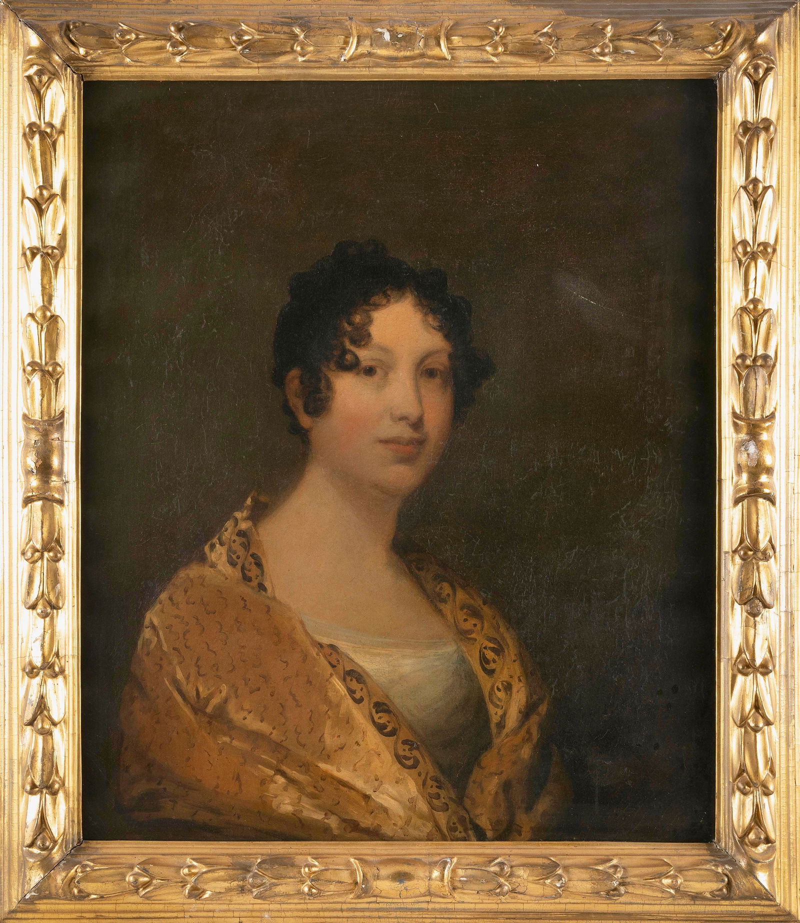 MANNER OF GILBERT CHARLES STUART (Massachusetts, 19th Century), Bust portrait of a finely dressed: MANNER OF GILBERT CHARLES STUARTMassachusetts, 19th CenturyBust portrait of a finely dressed woman, likely Elisabeth Bender Greenough. Unsigned. Bears a striking resemblance to Stuart's 1805 portrait