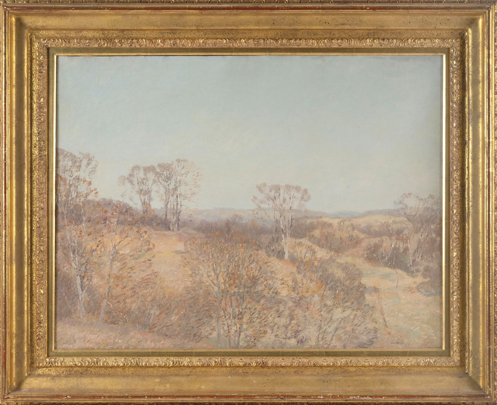 LAWRENCE MAZZANOVICH (North Carolina/Connecticut, 1872-1959), Expansive hilly landscape with trees.,: LAWRENCE MAZZANOVICHNorth Carolina/Connecticut, 1872-1959Expansive hilly landscape with trees. Signed lower right "Mazzanovich".Oil on canvas, 21.5" x 29". Framed 29" x 36".