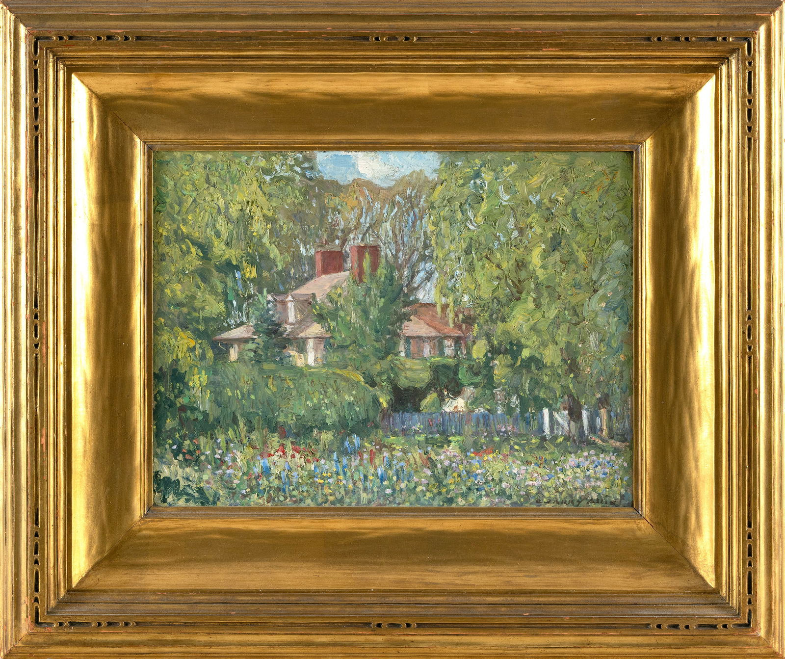 C. HARRY ALLIS (California/Michigan/Ohio, 1870-1938), A house surrounded by lush gardens., Oil on: C. HARRY ALLISCalifornia/Michigan/Ohio, 1870-1938A house surrounded by lush gardens. Signed lower right "C. Harry Allis". Dated 1926 verso. Housed in a Newcomb-Macklin frame.Oil on board, 12" x 16". F