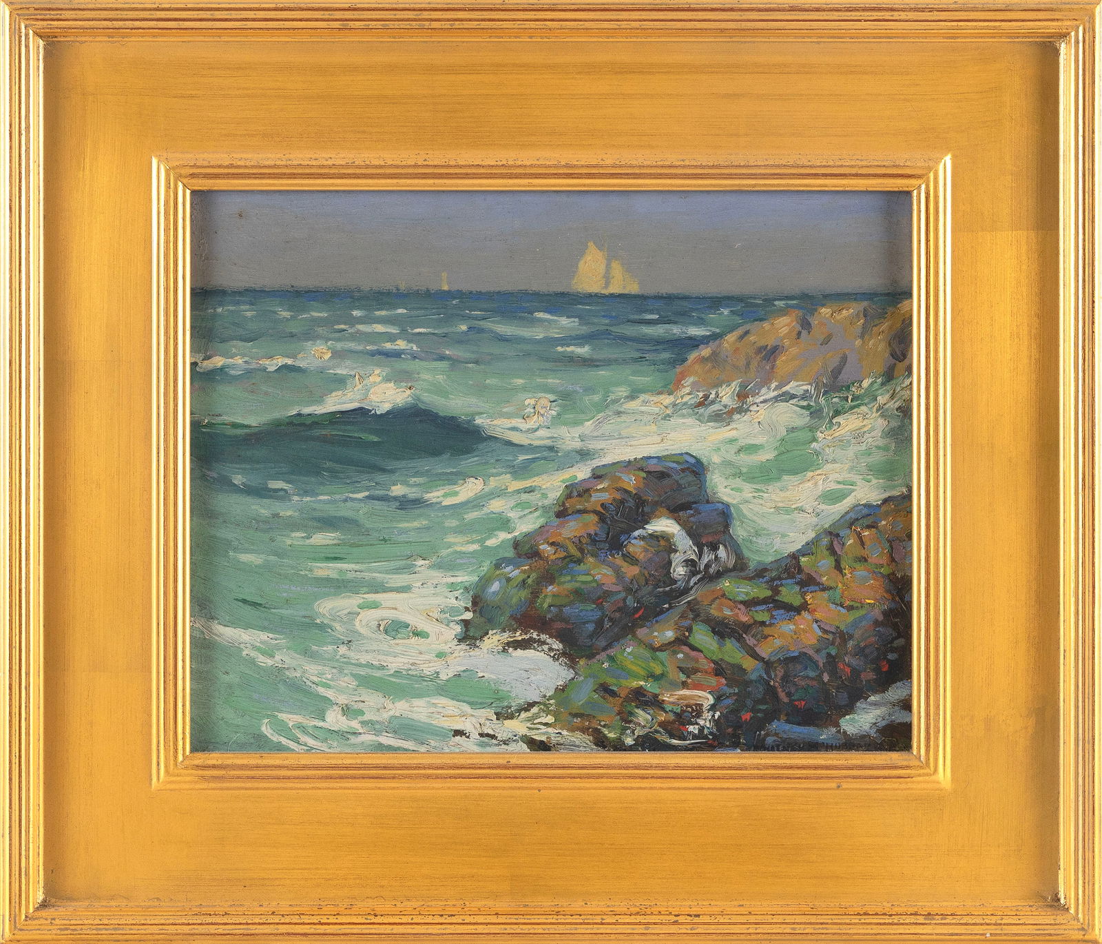 WHITNEY MYRON HUBBARD (New York/Connecticut, 1875-1965), "Sunlit Rocks"., Oil on board, 11" x 14". (1 of 2)