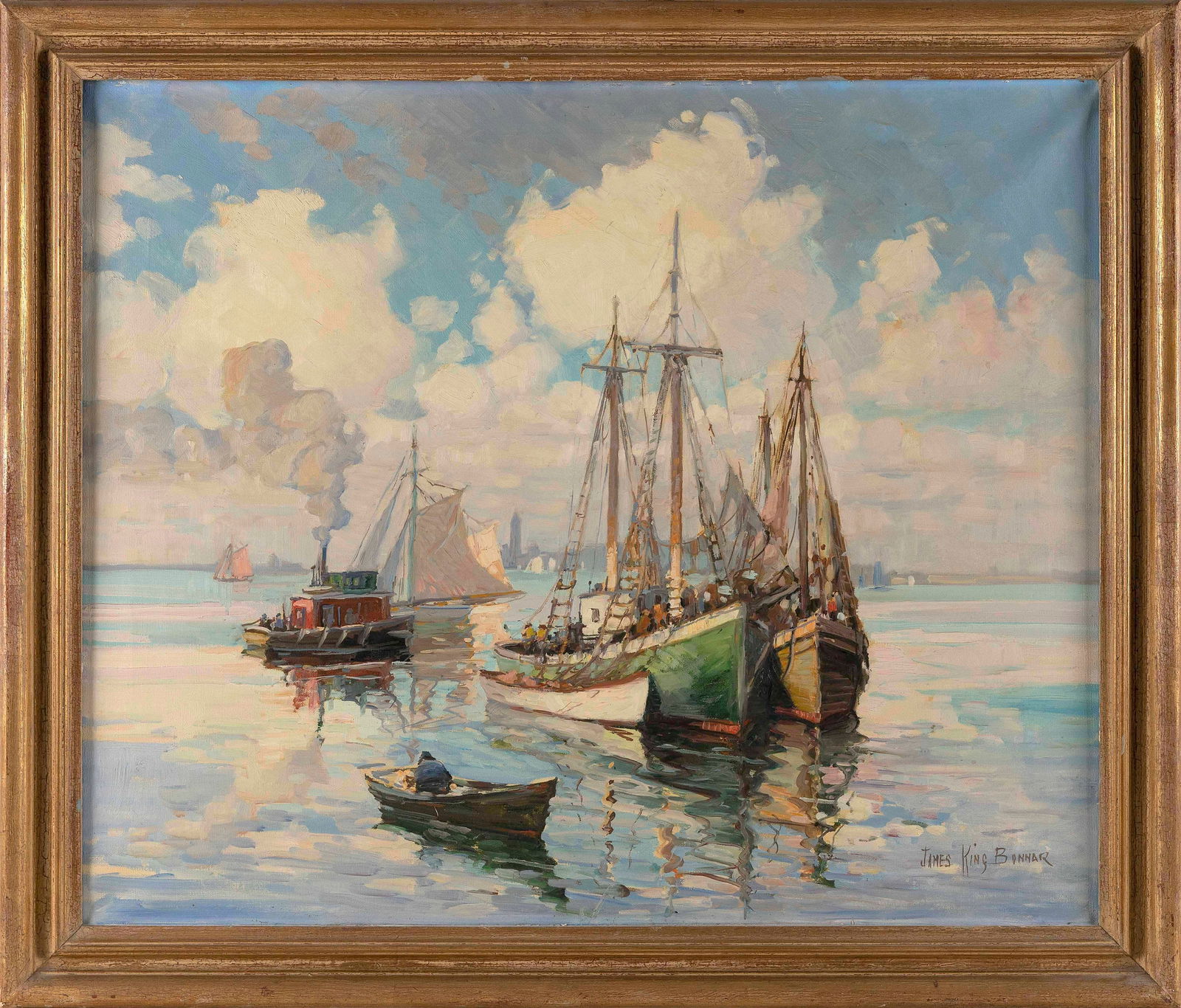 JAMES KING BONNAR (Massachusetts, 1883/85-1961), Busy channel with fishing boats and a tug., Oil on (1 of 2)