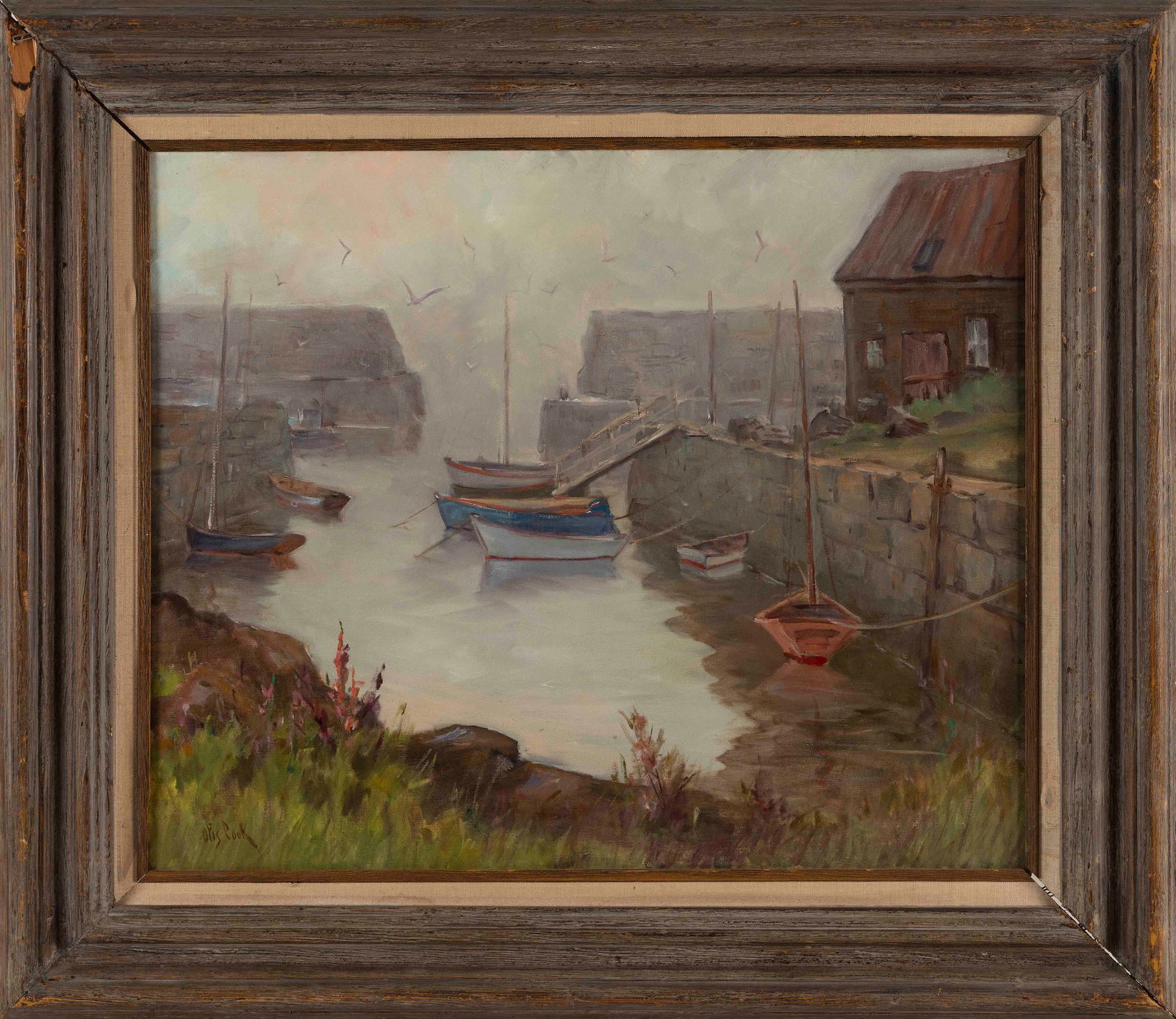 OTIS PIERCE COOK, JR. (Massachusetts, 1900-1980), Harbor scene., Oil on canvas, 20" x 24". Framed (1 of 2)