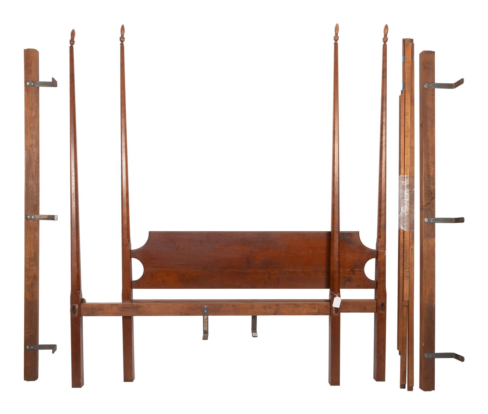 ELDRED WHEELER QUEEN-SIZE TESTER BED Massachusetts, 20th Centurty Post heights 81.5". Width 64".: ELDRED WHEELER QUEEN-SIZE TESTER BEDMassachusetts, 20th CenturtyIn cherry. Original Eldred Wheeler brand and paper label. Includes finials, tester frame and rails.Post heights 81.5". Width 64".