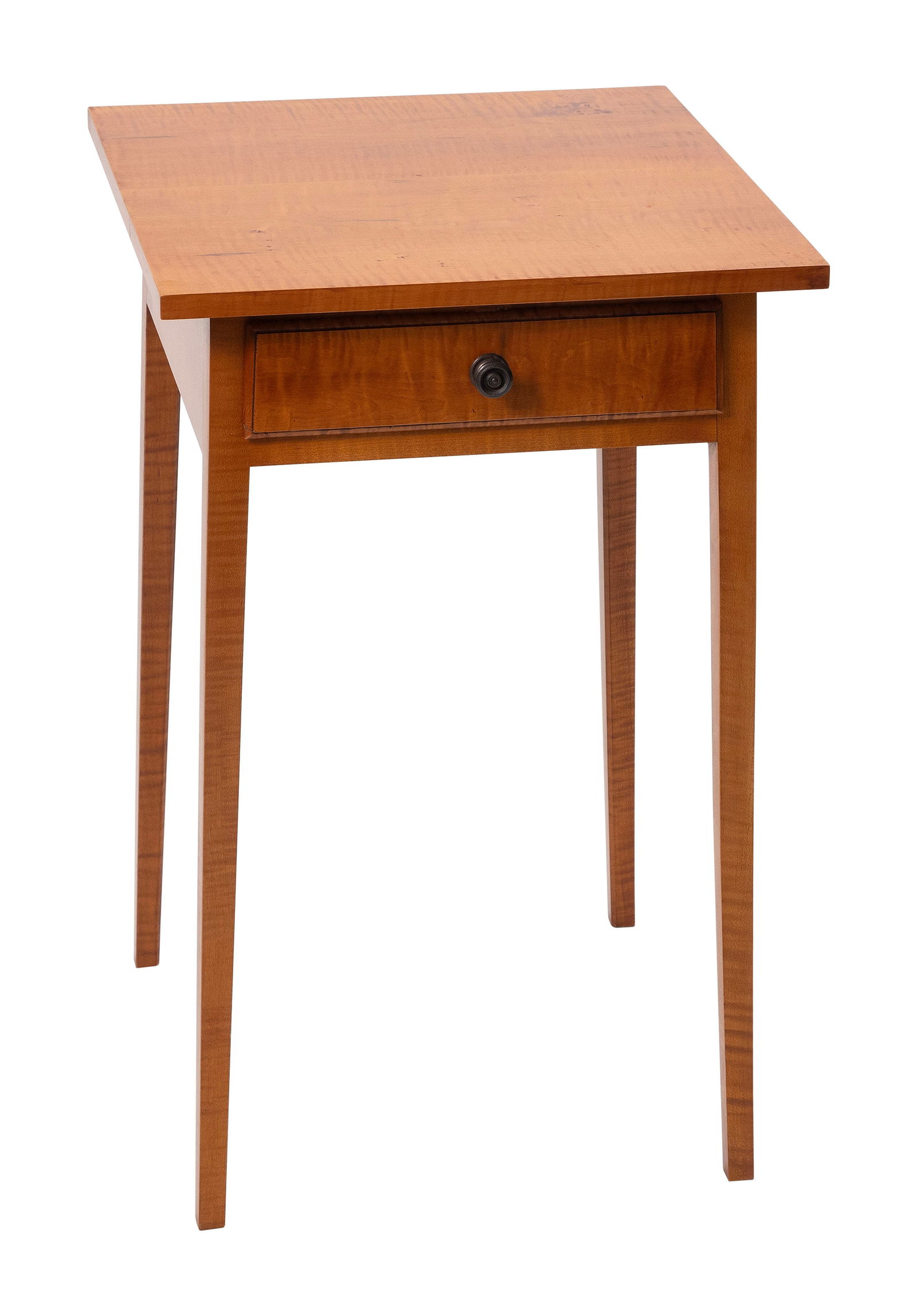 ELDRED WHEELER ONE-DRAWER STAND Massachusetts, 20th Century Height 27.5". Width 17". Depth 17".: ELDRED WHEELER ONE-DRAWER STANDMassachusetts, 20th CenturyIn tiger maple, with square tapered legs.Height 27.5". Width 17". Depth 17".