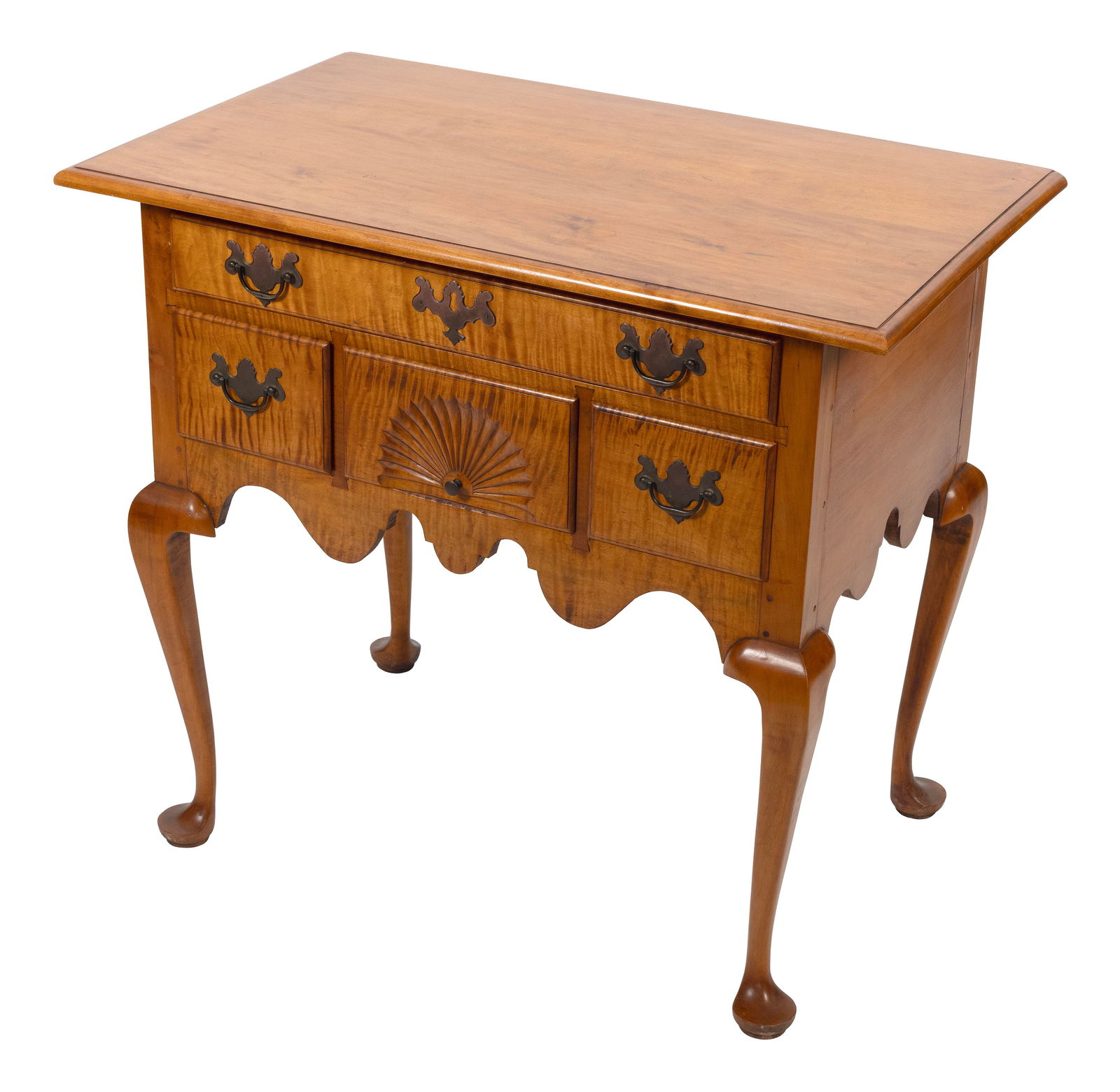 ELDRED WHEELER LOWBOY Massachusetts, 20th Century Height 30.5". Width 34". Depth 20.75".: ELDRED WHEELER LOWBOYMassachusetts, 20th CenturyIn tiger maple. One full-width drawer over three side-by-side drawers, the central with fan carving. Cabriole legs end in pad feet. Original Eldred Whee