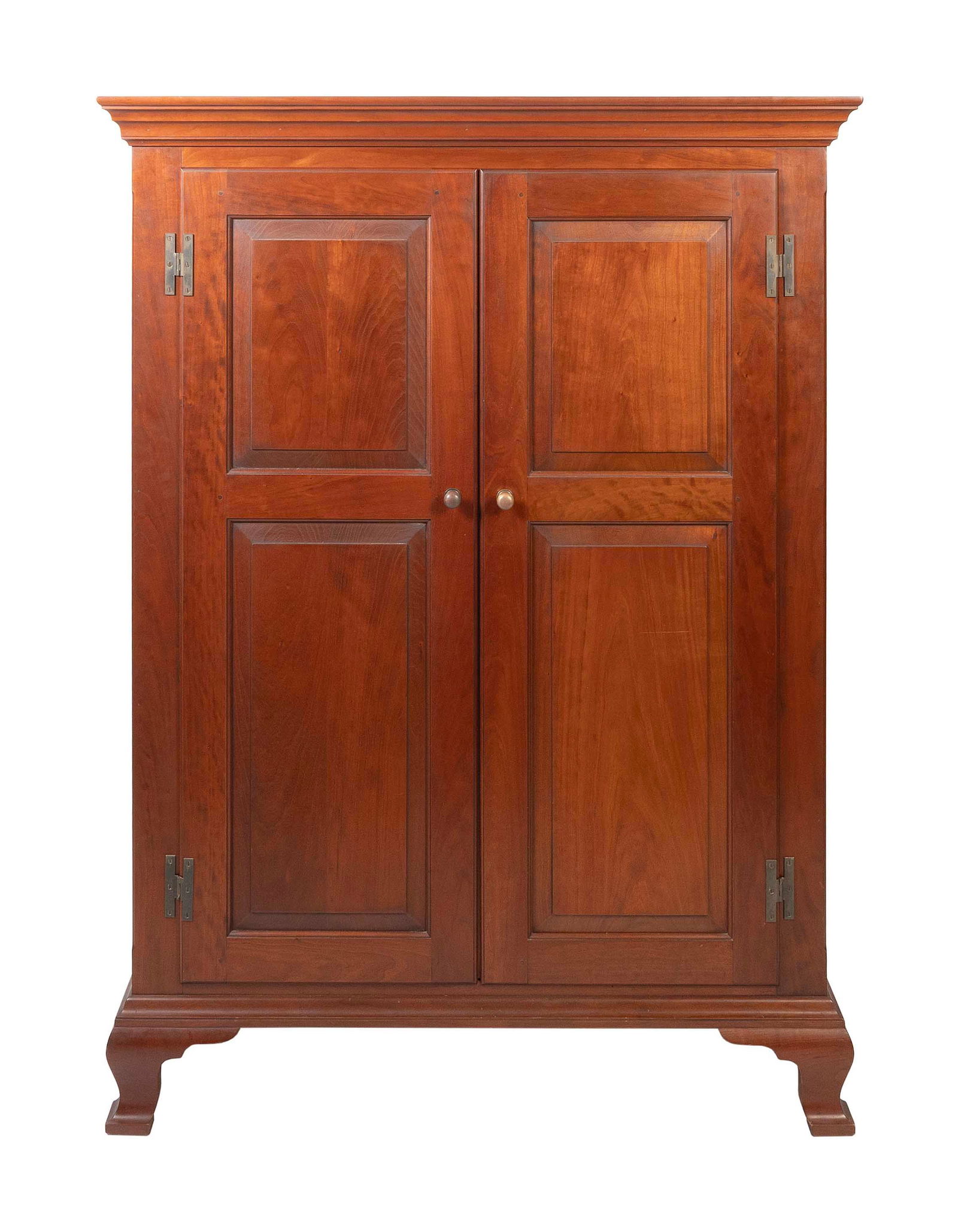 ELDRED WHEELER TWO-DOOR CUPBOARD Massachusetts, 20th Century Height 58". Width 43.5". Depth 26".: ELDRED WHEELER TWO-DOOR CUPBOARDMassachusetts, 20th CenturyIn cherry, with two paneled doors and ogee bracket feet.Height 58". Width 43.5". Depth 26".